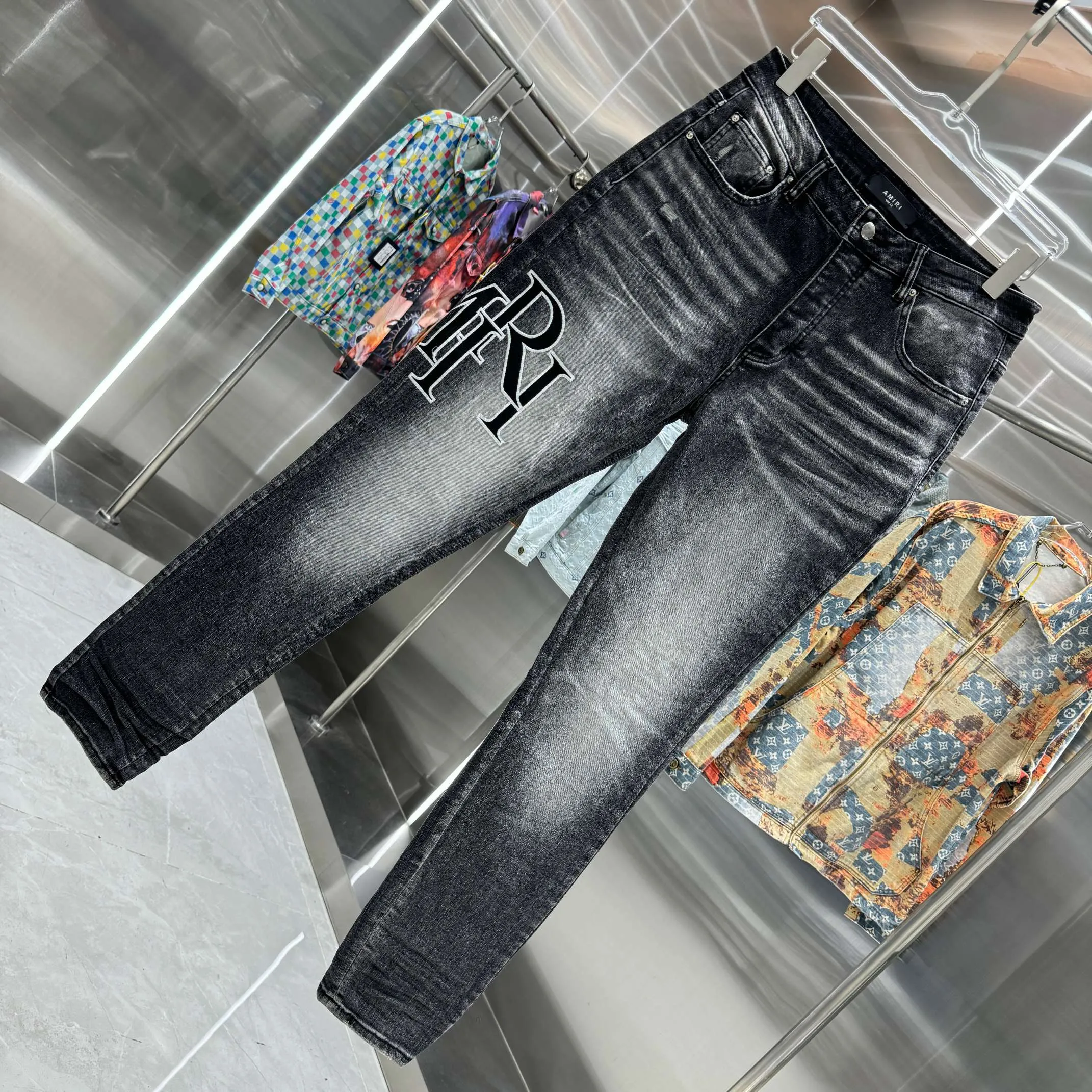P290 Amiri letter embroidery craft street fashion slim fit stretch jeans Color Black Size 30 32 34 36 38