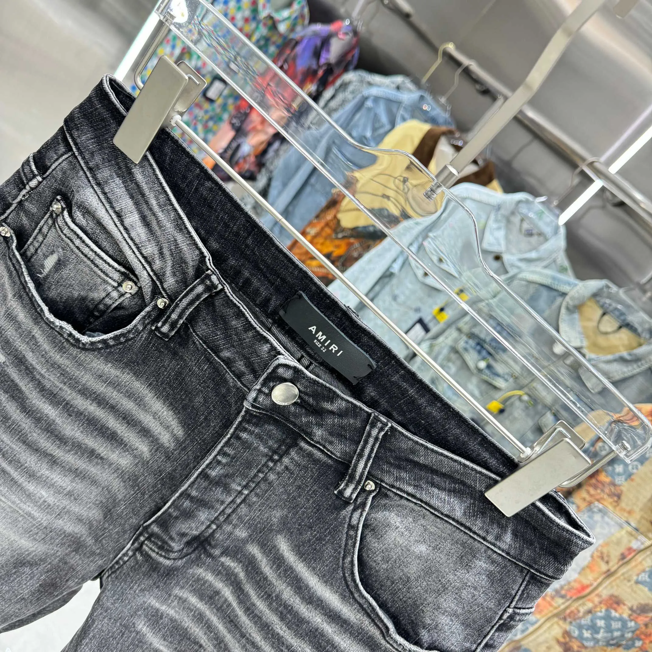 P290 Amiri letter embroidery craft street fashion slim fit stretch jeans Color Black Size 30 32 34 36 38