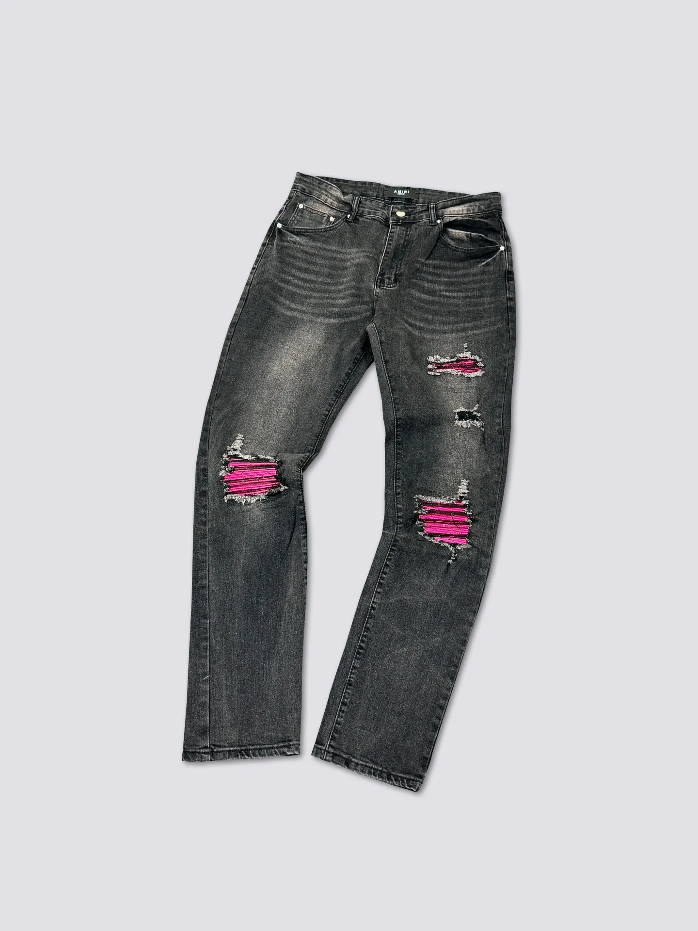 AMIRI's new jeans, washed, ripped, pink leather denim trousers, same style for men and women. Color: black. Size: S-XL (28-34)