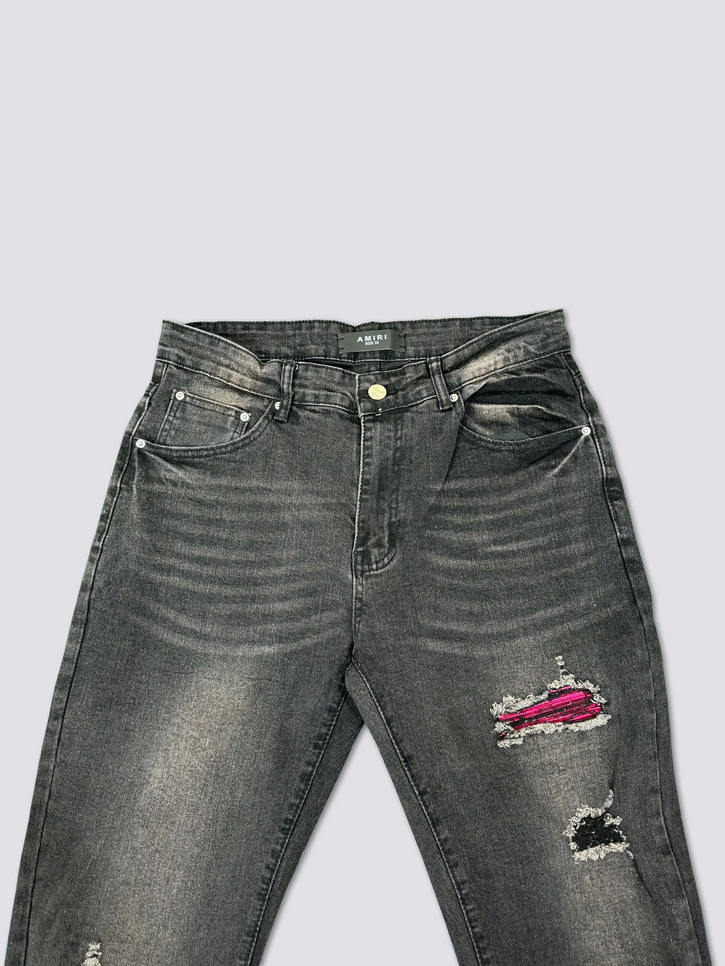 AMIRI's new jeans, washed, ripped, pink leather denim trousers, same style for men and women. Color: black. Size: S-XL (28-34)