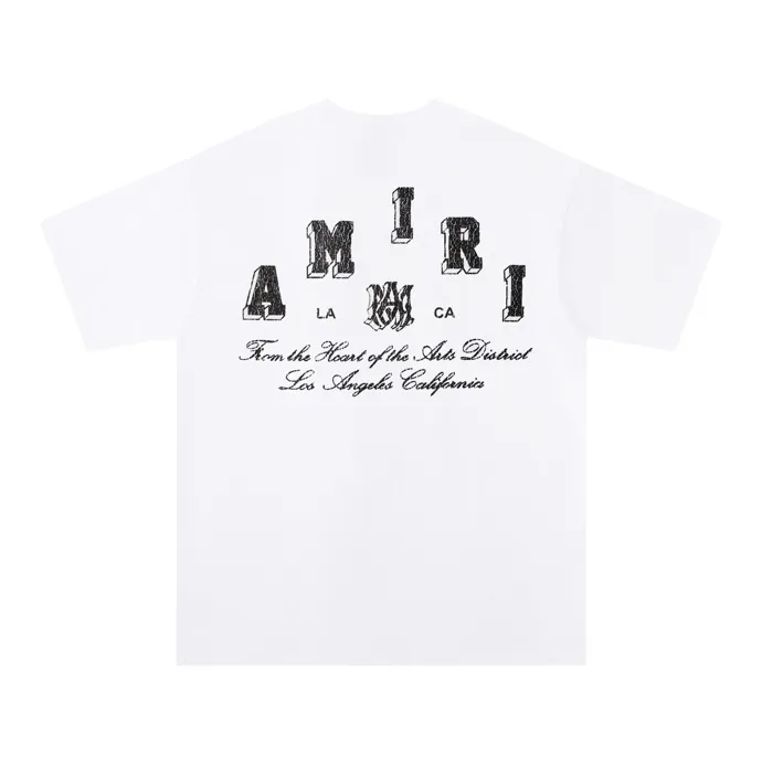 Style number: 690 P120 Fabric: 260g double yarn AMIRI 2025 spring and summer new logo round neck T-shirt high street men and women loose classic cracked letter short sleeves Color: White Black Size: S M L XL