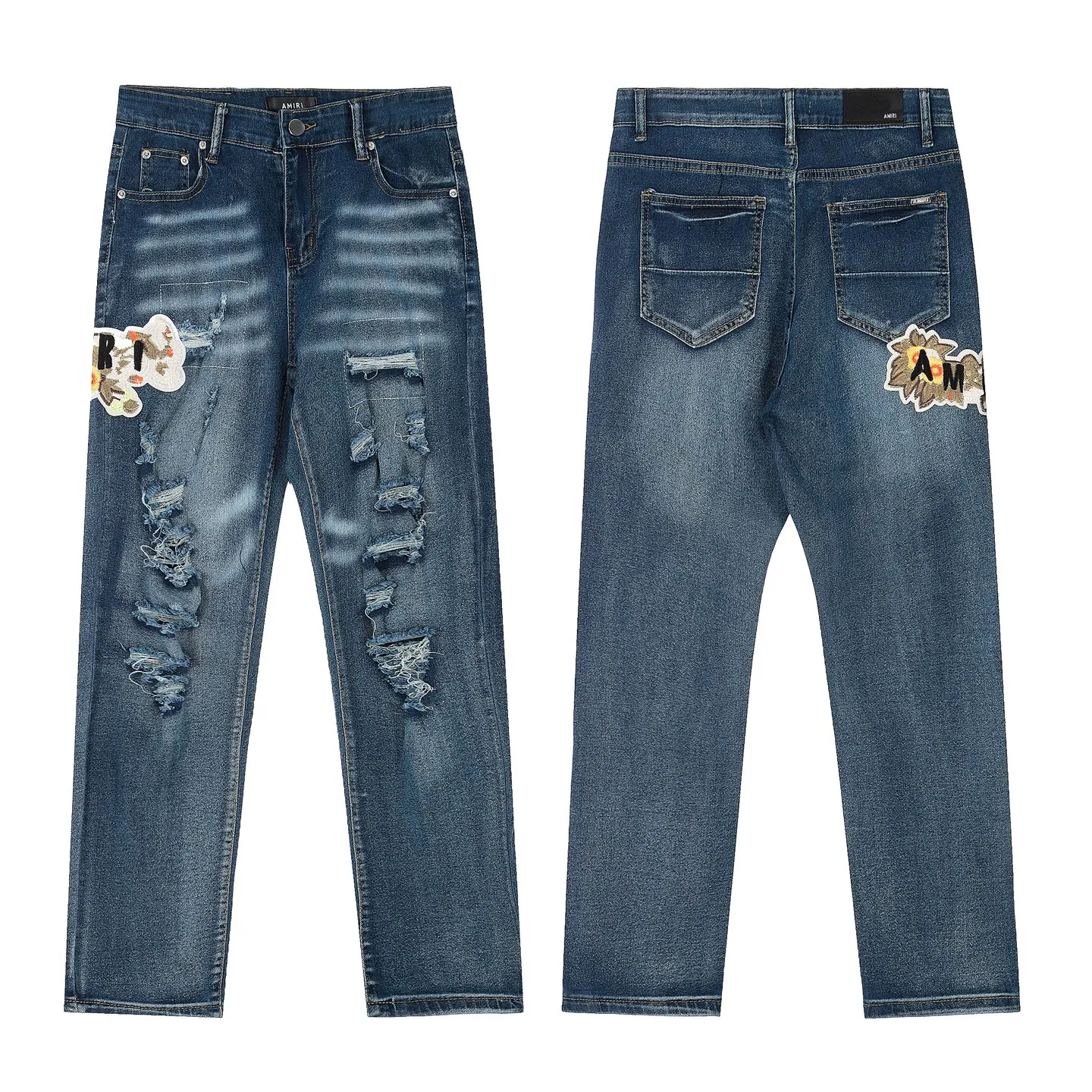 #M53 P168💰 AMIRI patch embroidery jeans trousers AMIRI high street basic ripped tight elastic jeans trousers amiri brand jeans break the production process and cutting of the original jeans, the fabrics are softer and more comfortable Hand-sewn collar label Customized logo buttons Genuine leather tag Color: Picture color Size: 30-32-34-36