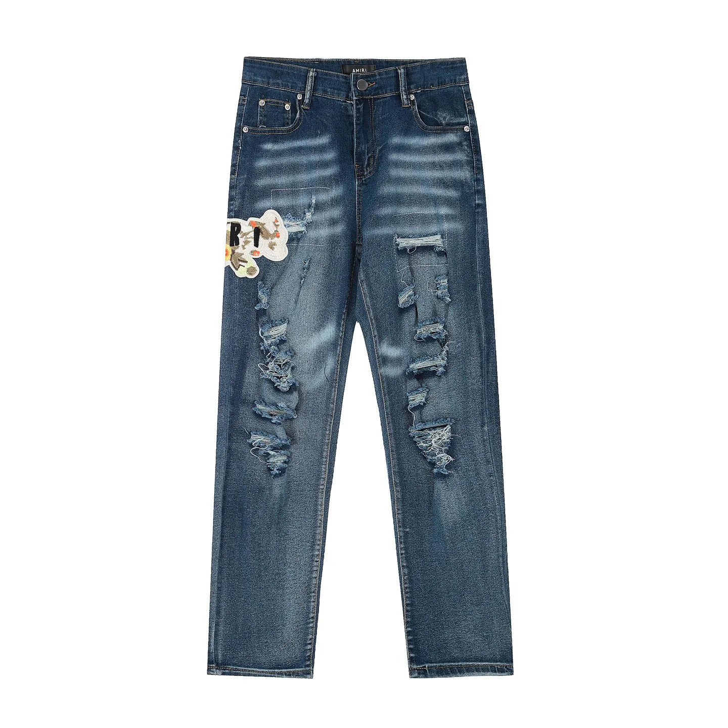 #M53 P168💰 AMIRI patch embroidery jeans trousers AMIRI high street basic ripped tight elastic jeans trousers amiri brand jeans break the production process and cutting of the original jeans, the fabrics are softer and more comfortable Hand-sewn collar label Customized logo buttons Genuine leather tag Color: Picture color Size: 30-32-34-36