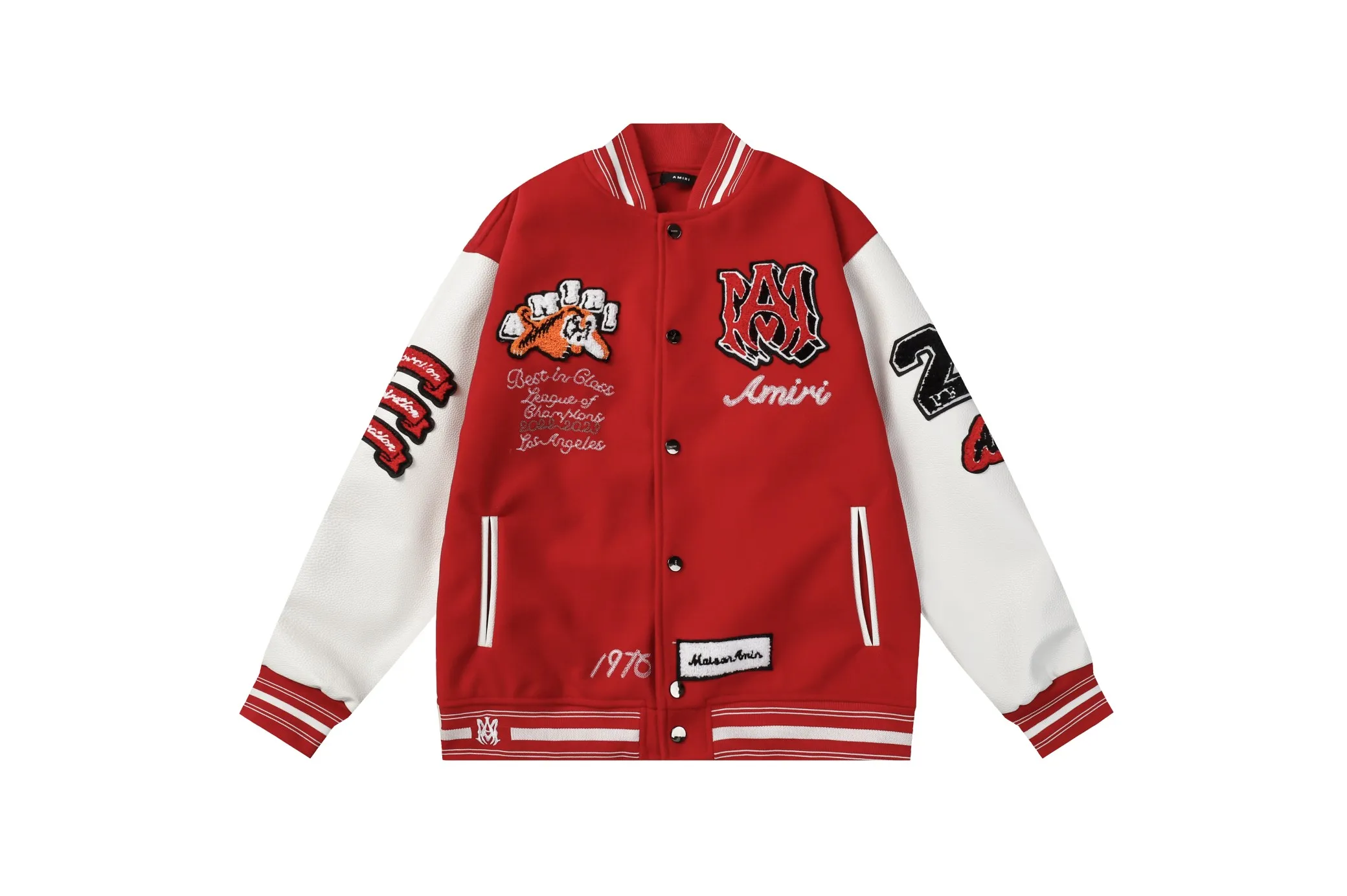 P370 AMIRI's new tiger towel embroidered baseball jacket with thousands of needles, high weight dragon and phoenix nylon fabric with pebbled leather sleeves, heavy industry hardware restored one to one M L XL XXL