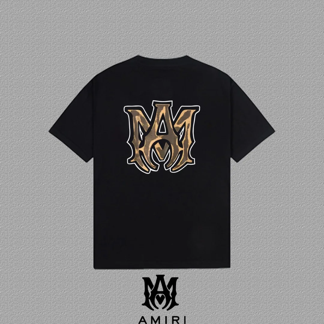 P140 [AMIRI] 2025FW short-sleeved T-shirt LOGO printing, high-end 26s double yarn 300g fabric, heavy fabric, custom stretcher rib, same vat and dye, complete three standards, same style for men and women, color: black, white, gray, size: S M L XL 2XL