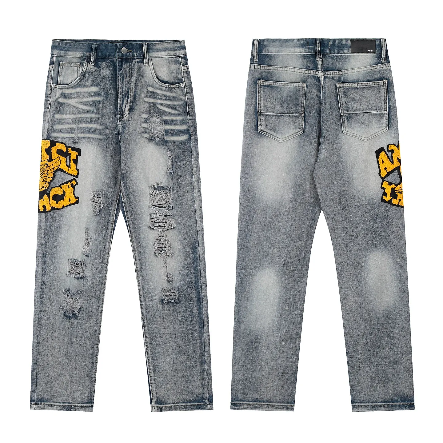 #M14 P168💰 Heavyweight AMIRI 24ss embroidery wings high street jeans slim fit stretch washed knife cut hole trousers FOG high street men's trend AMIRI amiri is transliterated as Emil, which is the name of the founder. Mike Amiri, the founder of amiri, grew up in Los Angeles, USA, and was influenced by local street culture and Punk Rock since he was a child. Due to his influence, he founded the amiri brand named after himself. A variety of trendy clothing meets the needs of different fashion players. Amiri clothing has novel and unique styles and is a well-known street brand in the United States. The styles and styles of many clothes are loved by many street photographers. The various clothing styles meet the dressing needs of different people, show their unique temperament, and show the trend of dressing. amiri's jeans are relatively famous. Not only do they have many styles, but the quality of the jeans is also very good. Many celebrities have also worn amiri brand jeans. Color: Picture color Size: 30-32-34-36