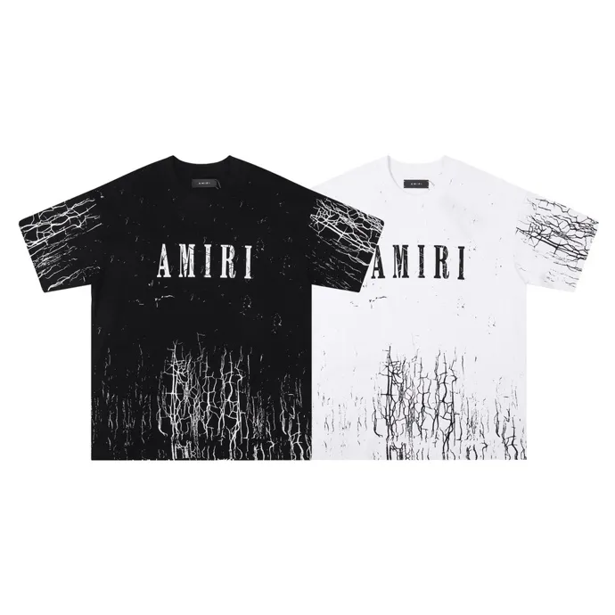 Style number: 666 P126 Fabric: 260g double yarn AMIRI 2025 spring and summer new logo round neck T-shirt high street men and women loose classic cracked letter short sleeves Color: black white Size: S M L XL