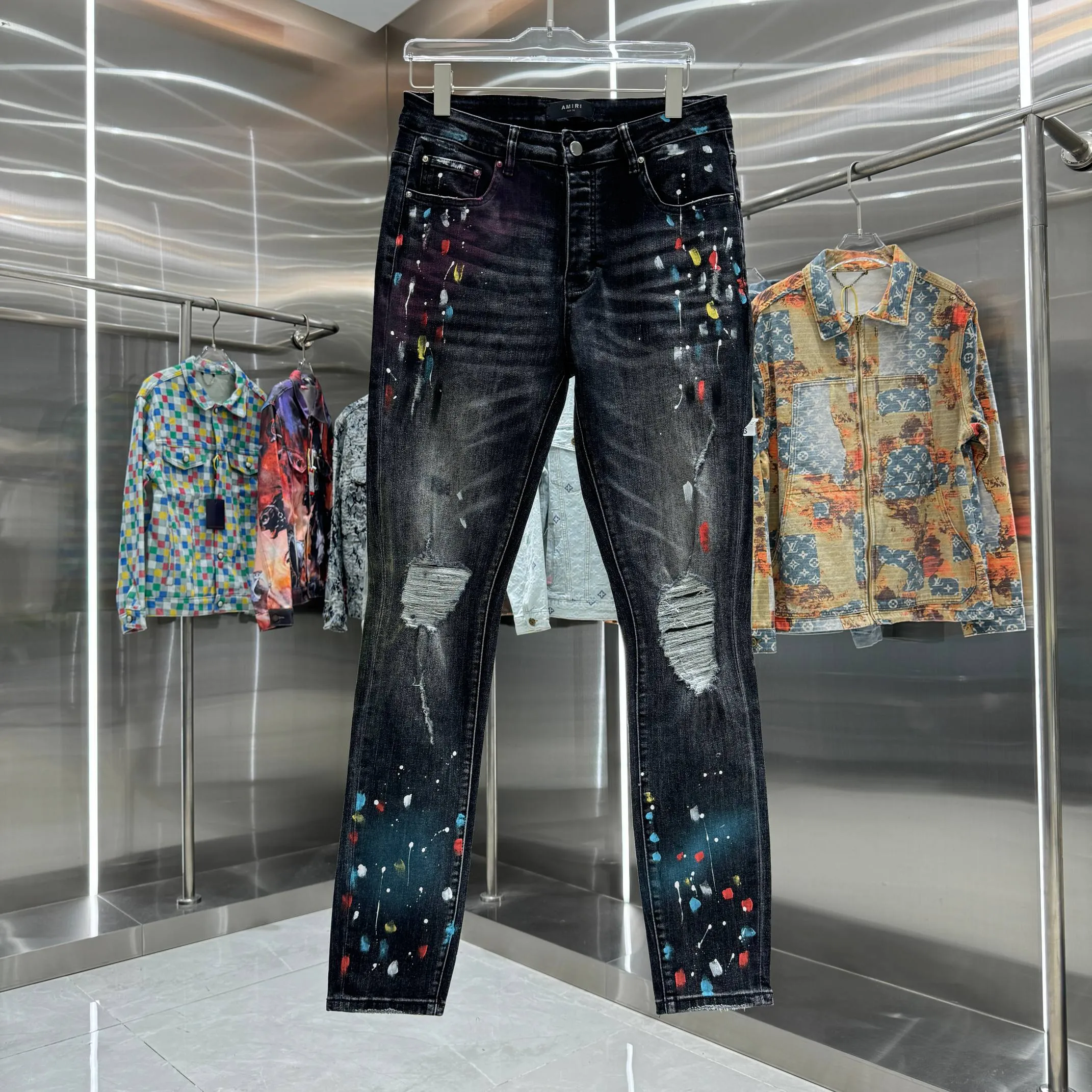 P280 Amiri ripped colorful graffiti craft street fashion slim fit stretch jeans Color Black Size 30 32 34 36 38