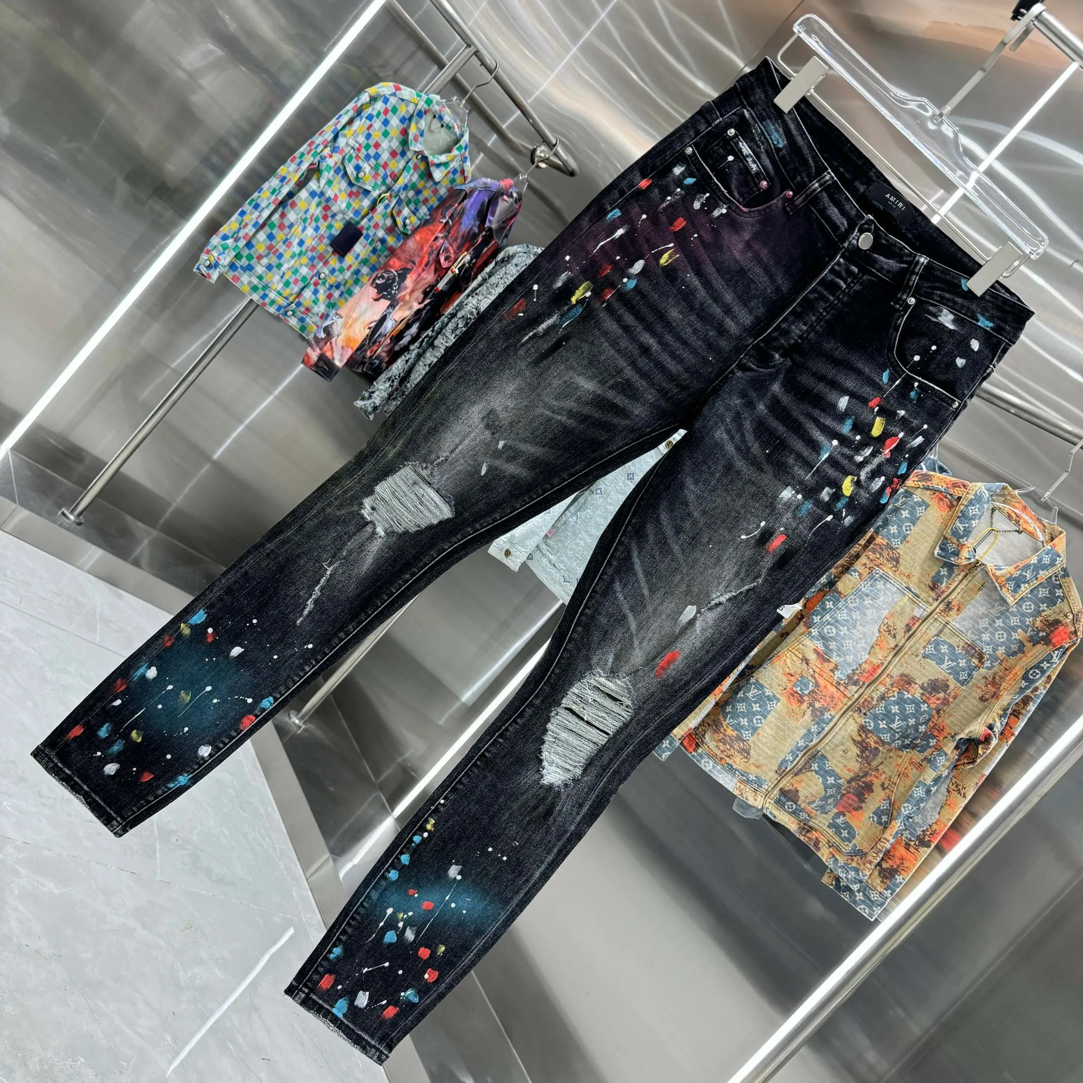 P280 Amiri ripped colorful graffiti craft street fashion slim fit stretch jeans Color Black Size 30 32 34 36 38