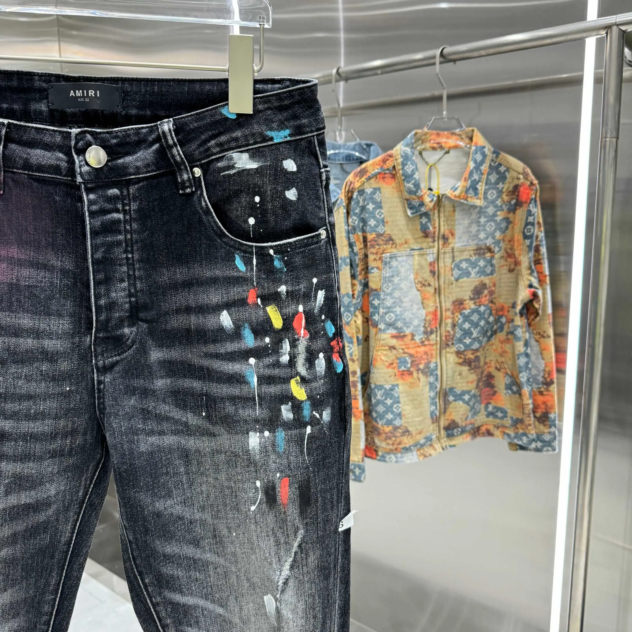 P280 Amiri ripped colorful graffiti craft street fashion slim fit stretch jeans Color Black Size 30 32 34 36 38