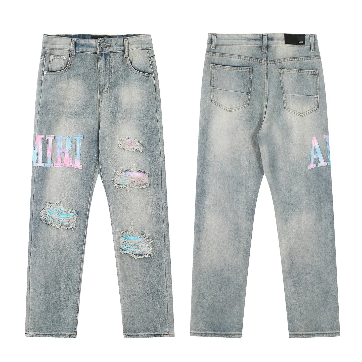 #M33 P168💰 Amiri classic embroidered patched leather ripped letter jeans, slim fit jeans, produced by a major washed factory, full of high-end feel, partially destroyed knee design with patchwork leather design, has been used as a facade design, leather waist nameplate, the focus of this style is not on the washing, but on the destroyed shape and version. The secret lies in the craftsmanship of the master. The cost of post-processing, grinding, cutting, etc. is far beyond the cost of assembly line products. Color: Picture color Size: 30-32-34-36