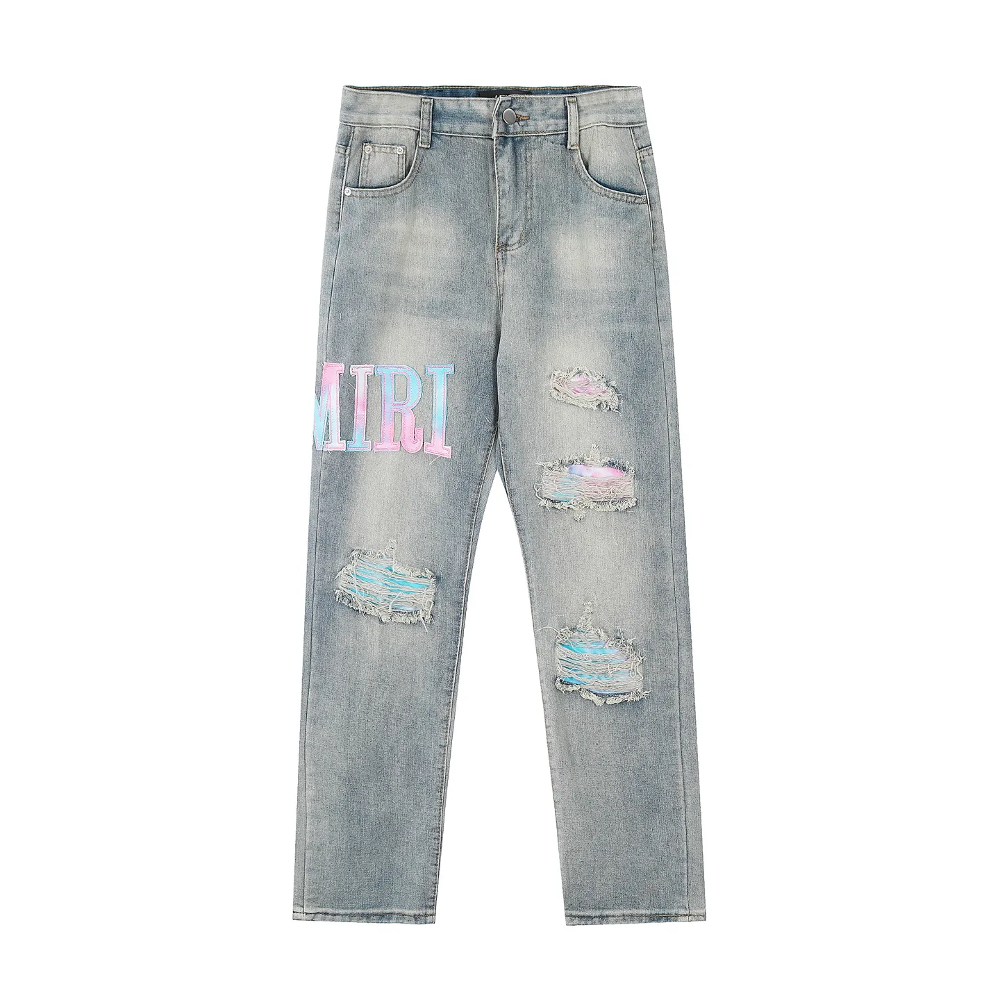 #M33 P168💰 Amiri classic embroidered patched leather ripped letter jeans, slim fit jeans, produced by a major washed factory, full of high-end feel, partially destroyed knee design with patchwork leather design, has been used as a facade design, leather waist nameplate, the focus of this style is not on the washing, but on the destroyed shape and version. The secret lies in the craftsmanship of the master. The cost of post-processing, grinding, cutting, etc. is far beyond the cost of assembly line products. Color: Picture color Size: 30-32-34-36