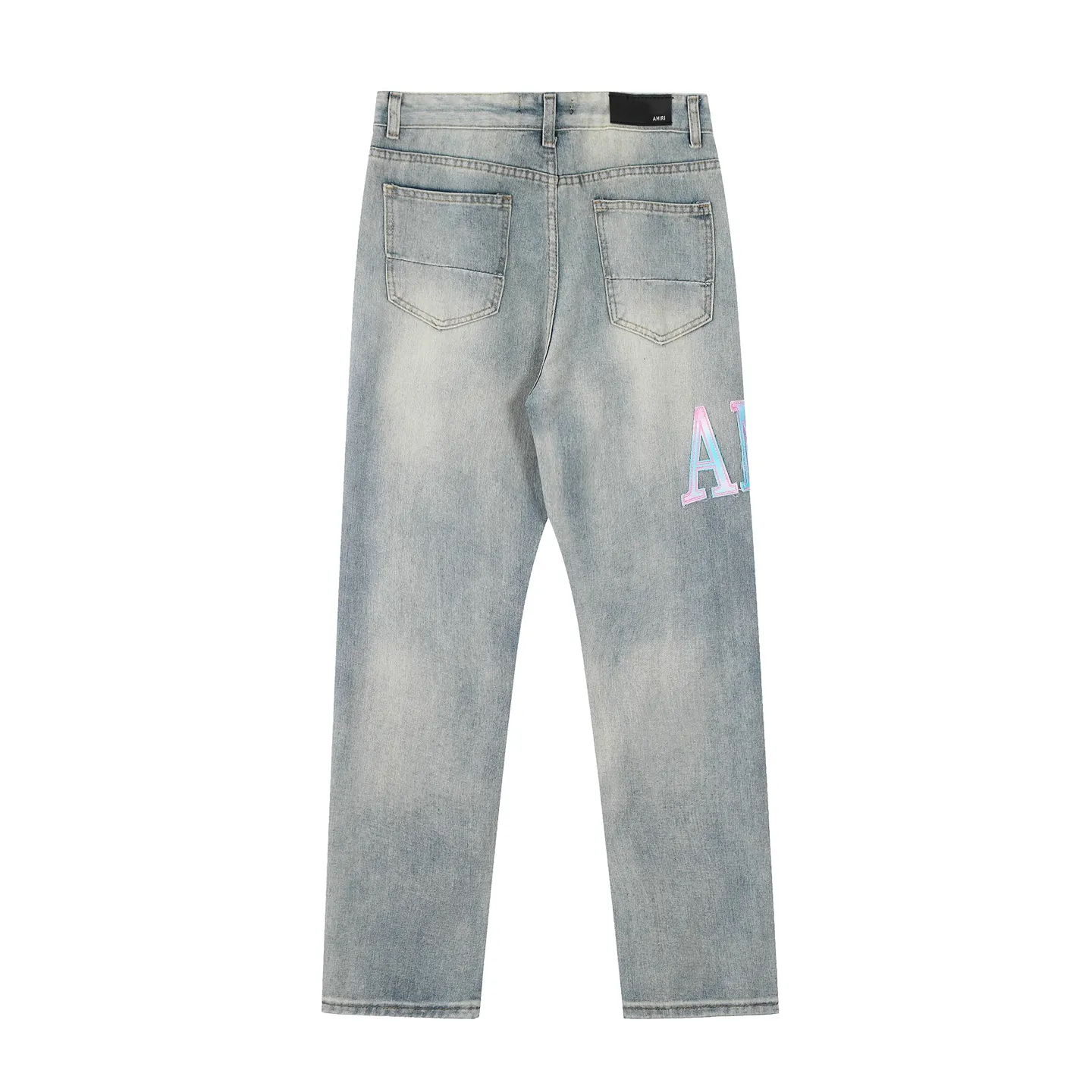 #M33 P168💰 Amiri classic embroidered patched leather ripped letter jeans, slim fit jeans, produced by a major washed factory, full of high-end feel, partially destroyed knee design with patchwork leather design, has been used as a facade design, leather waist nameplate, the focus of this style is not on the washing, but on the destroyed shape and version. The secret lies in the craftsmanship of the master. The cost of post-processing, grinding, cutting, etc. is far beyond the cost of assembly line products. Color: Picture color Size: 30-32-34-36