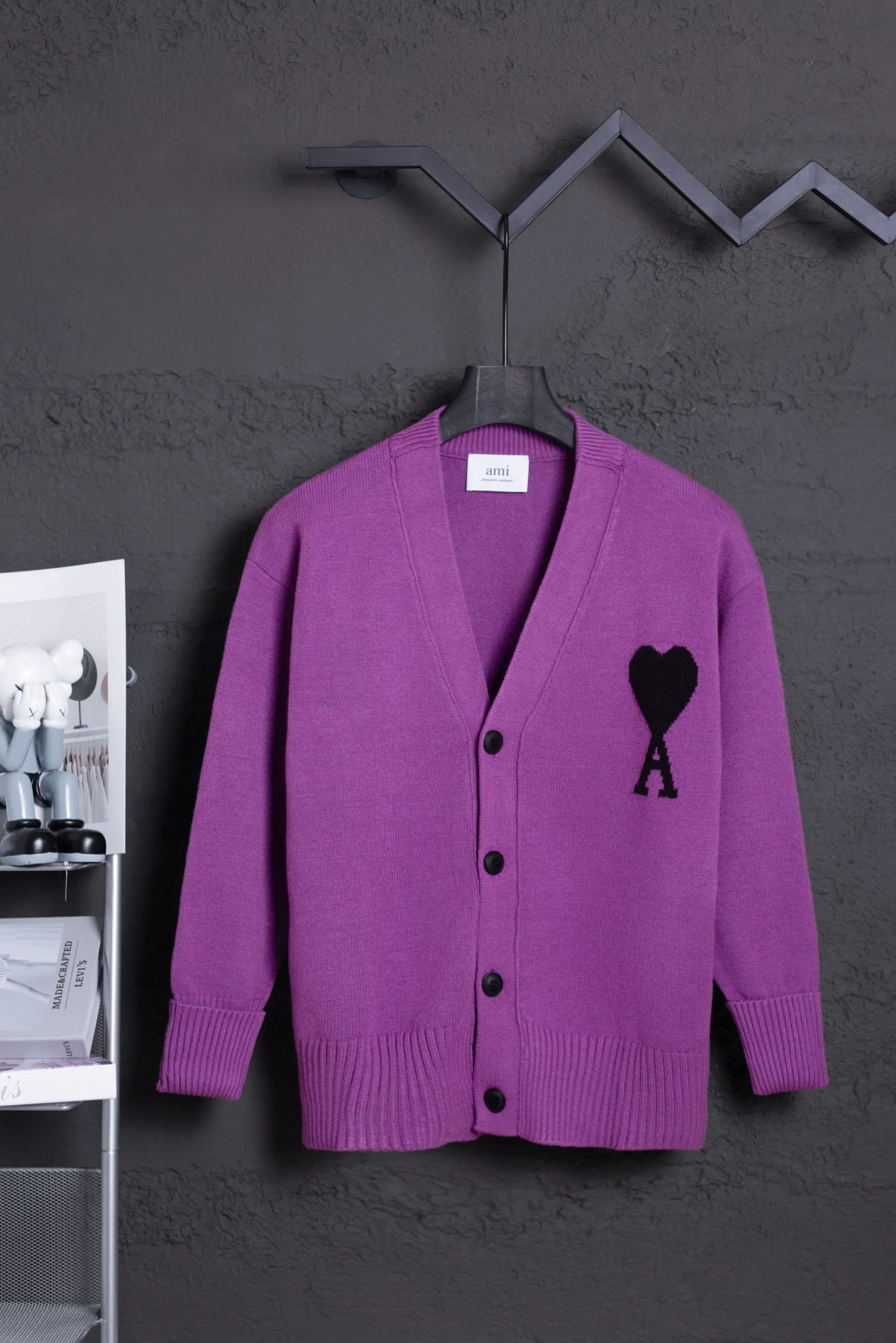 P186 Style No.: MQ802 AMI Classic Big Love Series Jacquard Cardigan Sweater Highest Version Supports Comparison Color: Purple, Size: S-XL