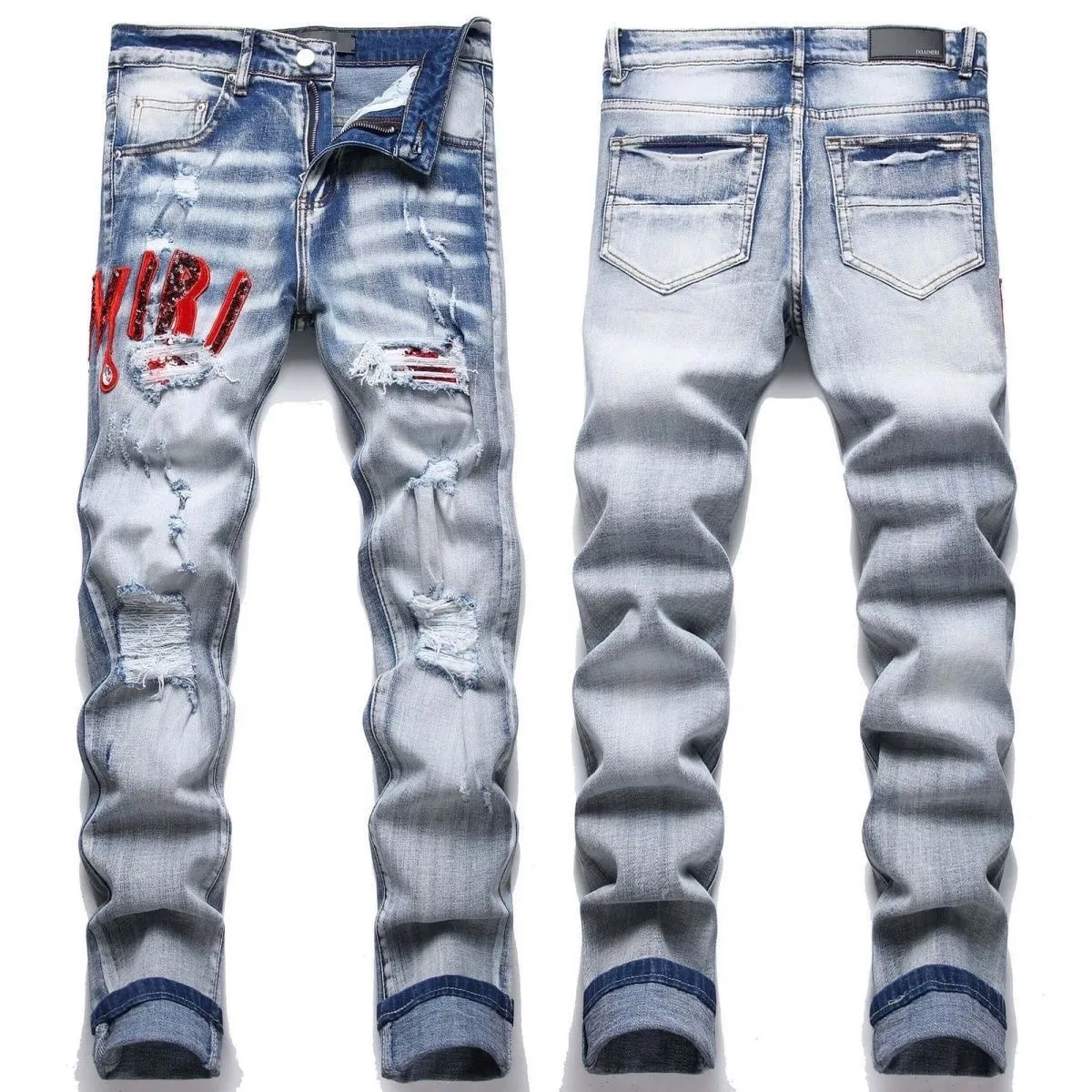 #M08 P168💰 AMIRI patch embroidery jeans trousers AMIRI high street basic ripped tight elastic jeans trousers amiri brand jeans break the production process and cutting of the original jeans, the fabrics are softer and more comfortable Hand-sewn collar label Customized logo buttons Genuine leather tag Color: Picture color Size: 30-32-34-36