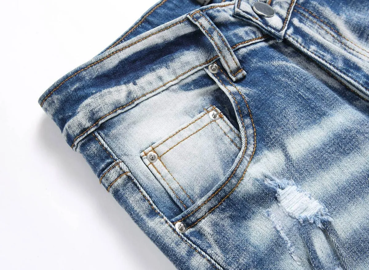 #M08 P168💰 AMIRI patch embroidery jeans trousers AMIRI high street basic ripped tight elastic jeans trousers amiri brand jeans break the production process and cutting of the original jeans, the fabrics are softer and more comfortable Hand-sewn collar label Customized logo buttons Genuine leather tag Color: Picture color Size: 30-32-34-36