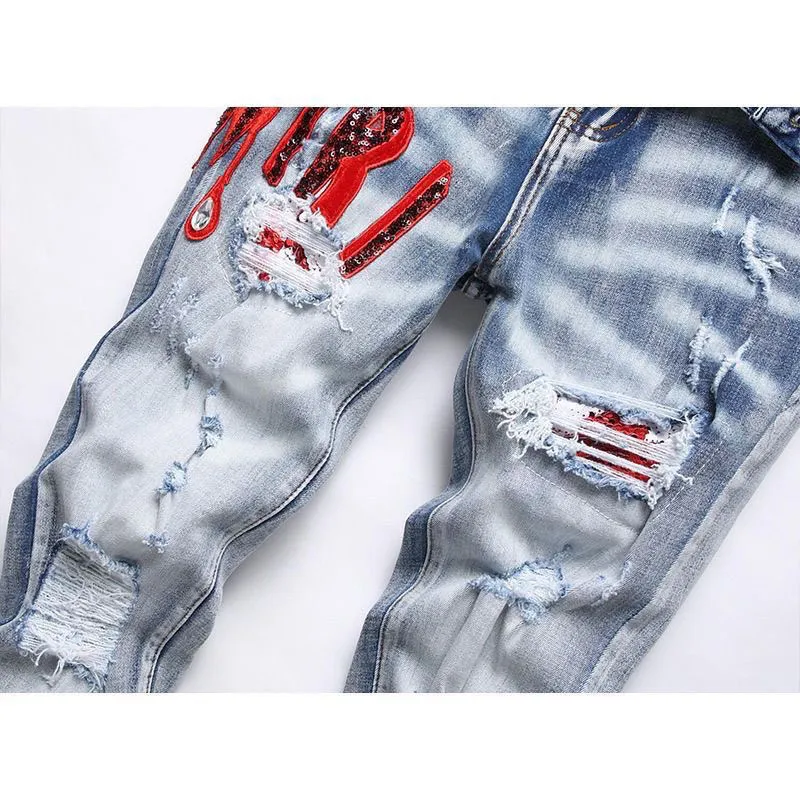 #M08 P168💰 AMIRI patch embroidery jeans trousers AMIRI high street basic ripped tight elastic jeans trousers amiri brand jeans break the production process and cutting of the original jeans, the fabrics are softer and more comfortable Hand-sewn collar label Customized logo buttons Genuine leather tag Color: Picture color Size: 30-32-34-36