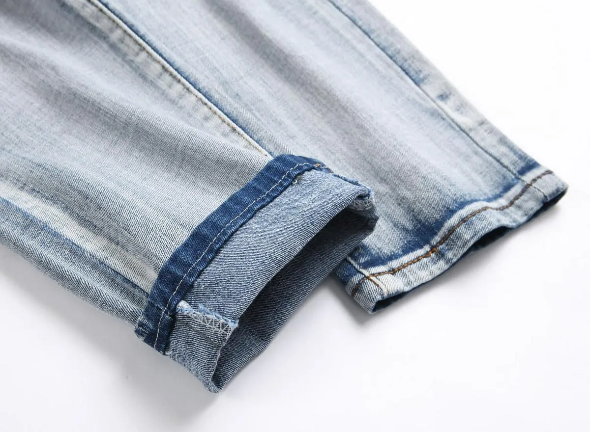 #M08 P168💰 AMIRI patch embroidery jeans trousers AMIRI high street basic ripped tight elastic jeans trousers amiri brand jeans break the production process and cutting of the original jeans, the fabrics are softer and more comfortable Hand-sewn collar label Customized logo buttons Genuine leather tag Color: Picture color Size: 30-32-34-36