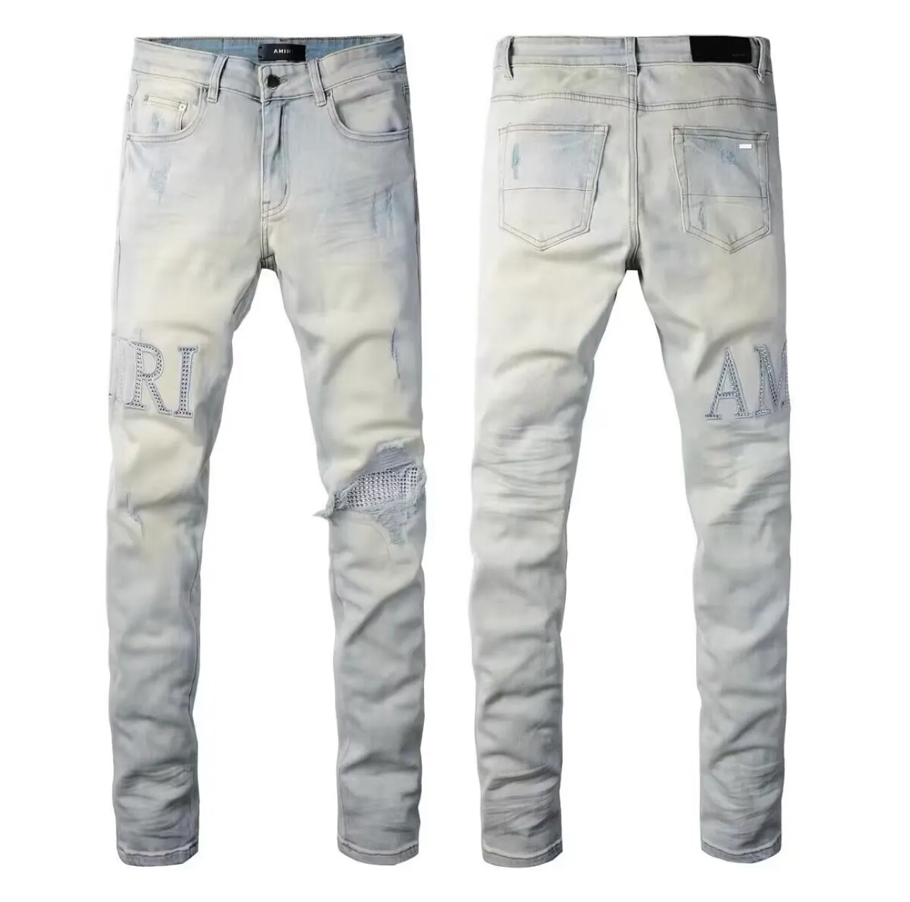 #M01 P168💰 AMIRI white ripped high street jeans with diamonds! The transliteration of amiri is Emil, which is the name of the founder. Mike Amiri, the founder of amiri, grew up in Los Angeles, USA. He was influenced by local street culture and Punk Rock since he was a child, so he founded the amiri brand named after himself. A variety of trendy clothing meets the needs of different fashion players. Amiri clothing has novel and unique styles and is a well-known street brand in the United States. The styles and styles of many clothes are loved by many street photographers. The various clothing styles meet the dressing needs of different people, show their unique temperament, and show the trend of dressing. amiri's jeans are relatively famous. Not only do they have many styles, but the quality of their denim jackets is also very good. Many celebrities have also worn the amiri brand's denim series. The fabric is made of 100% cotton denim! High temperature setting, heavy sand washing, never fade, full of fashion! All made to order! -The colorful embroidery on the chest is so tense and the embroidery is neat! Imported machine for work! quality assurance!  -The entire garment is made with fine workmanship. Each seam is pressed using a double-needle machine. This stitching is a test of the workers' skills. If it goes astray, the entire garment will be scrapped. The hardware is custom-made, with exclusive logos, and is a one-to-one replica of the original! Original trademark! The fit is loose and slimming! Color: Picture color Size: 30-32-34-36