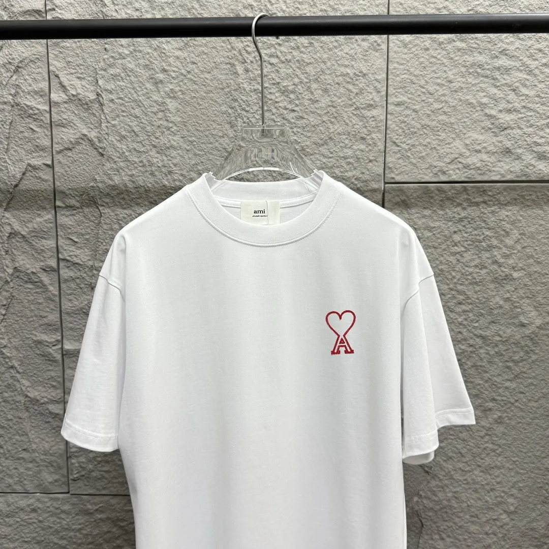 🅿️180 Ami* love embroidery 2025 spring and summer new style Hollow love A embroidered with personalized letters Customized double yarn plain cotton fabric Short-sleeved T-shirt Same style for men and women Color: white floral gray black Size: S (90-130 pounds) M (120-150 pounds) L (140-165 pounds) XL (160-180 pounds) XXL (180-210 pounds)