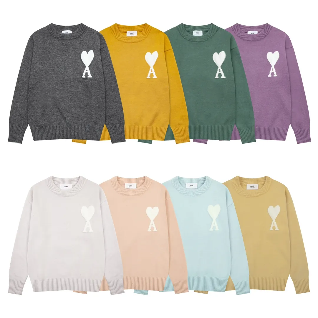A8143# AMI Paris 2024 Autumn and Winter New Product New Color Big Love Alpaca Blended Soft Waxy Knitted Round Neck Cloud Sweater Oversize Version Same Style for Men and Women Color: Ice Blue Light Yellow Light Pink Purple Gray Turmeric Dark Gray Turquoise Dark Purple Code Number: S-XL