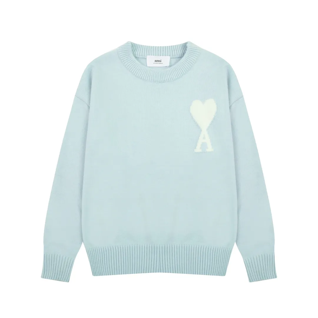 A8143# AMI Paris 2024 Autumn and Winter New Product New Color Big Love Alpaca Blended Soft Waxy Knitted Round Neck Cloud Sweater Oversize Version Same Style for Men and Women Color: Ice Blue Light Yellow Light Pink Purple Gray Turmeric Dark Gray Turquoise Dark Purple Code Number: S-XL