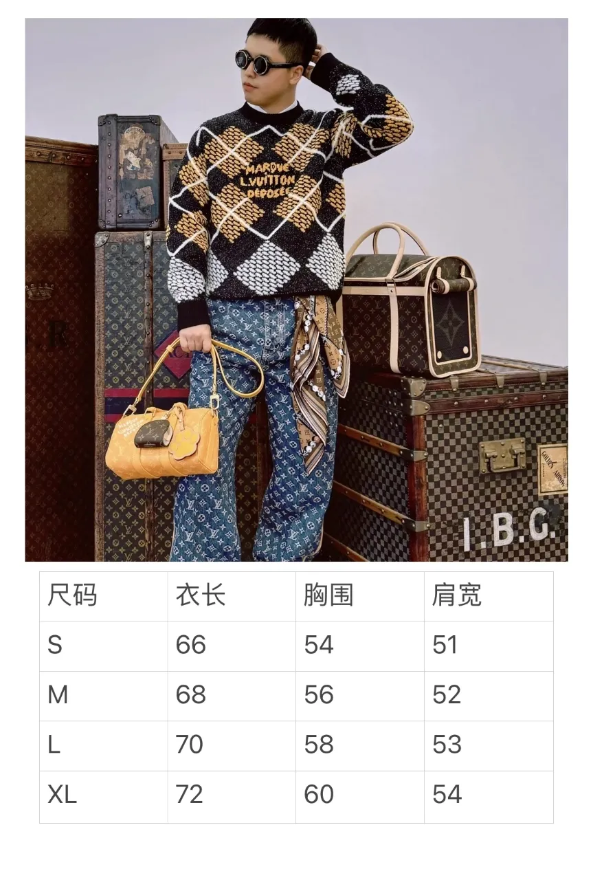 Size chart Upper body picture LV 2024FW new autumn and winter cotton-wool blended round neck long-sleeved sweater Custom knitted jacquard texture Damier pattern turned into retro plaid Marque L.Vuitton Deposée logo on the chest Ribbed collar, cuffs and hem Slightly loose fit Uniform for men and women Size: S M L XL