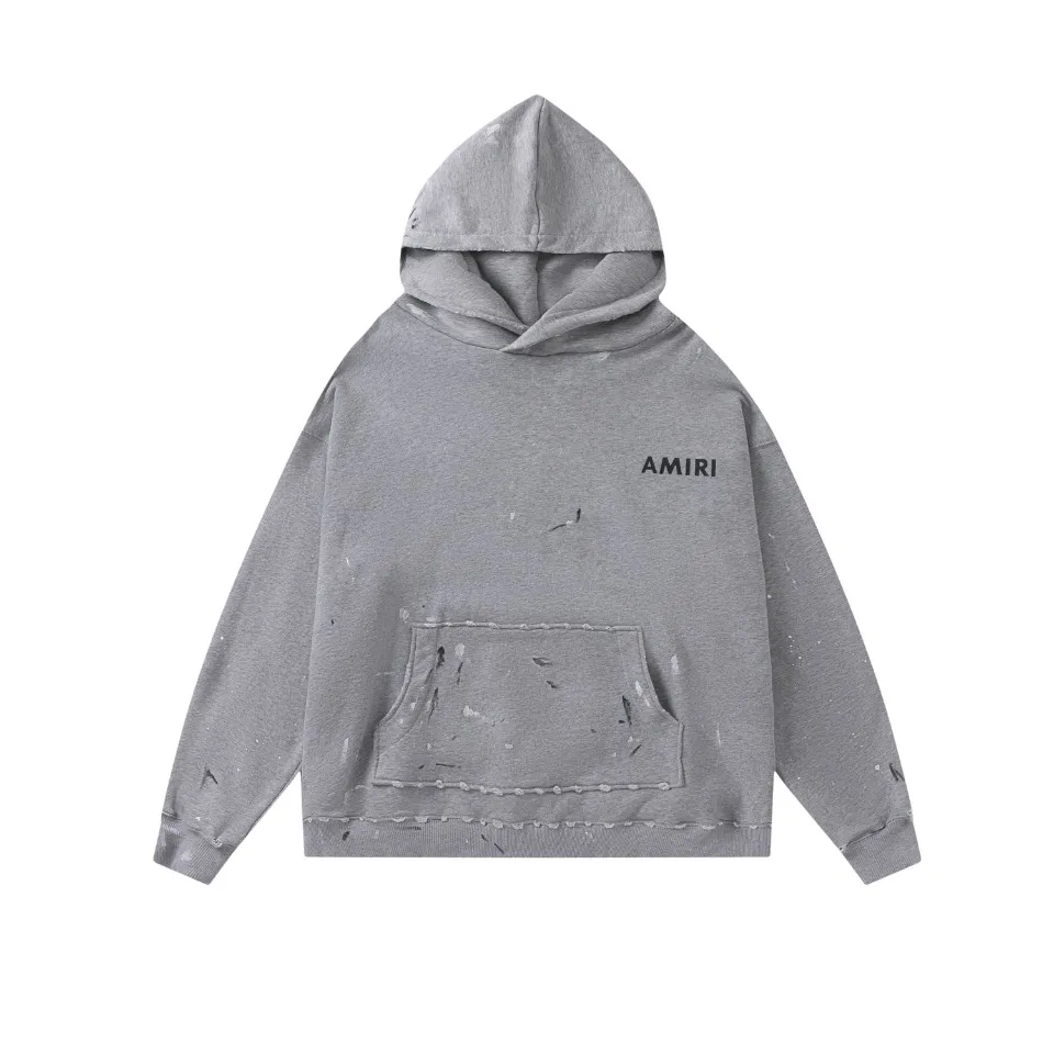 6128#P316 AMIRI 21AW Wang Yibo's same style splash-ink hole loose hoodie for men and women, casual pullover sweatshirt for couples. Color; floral gray. Size ;S M L XL
