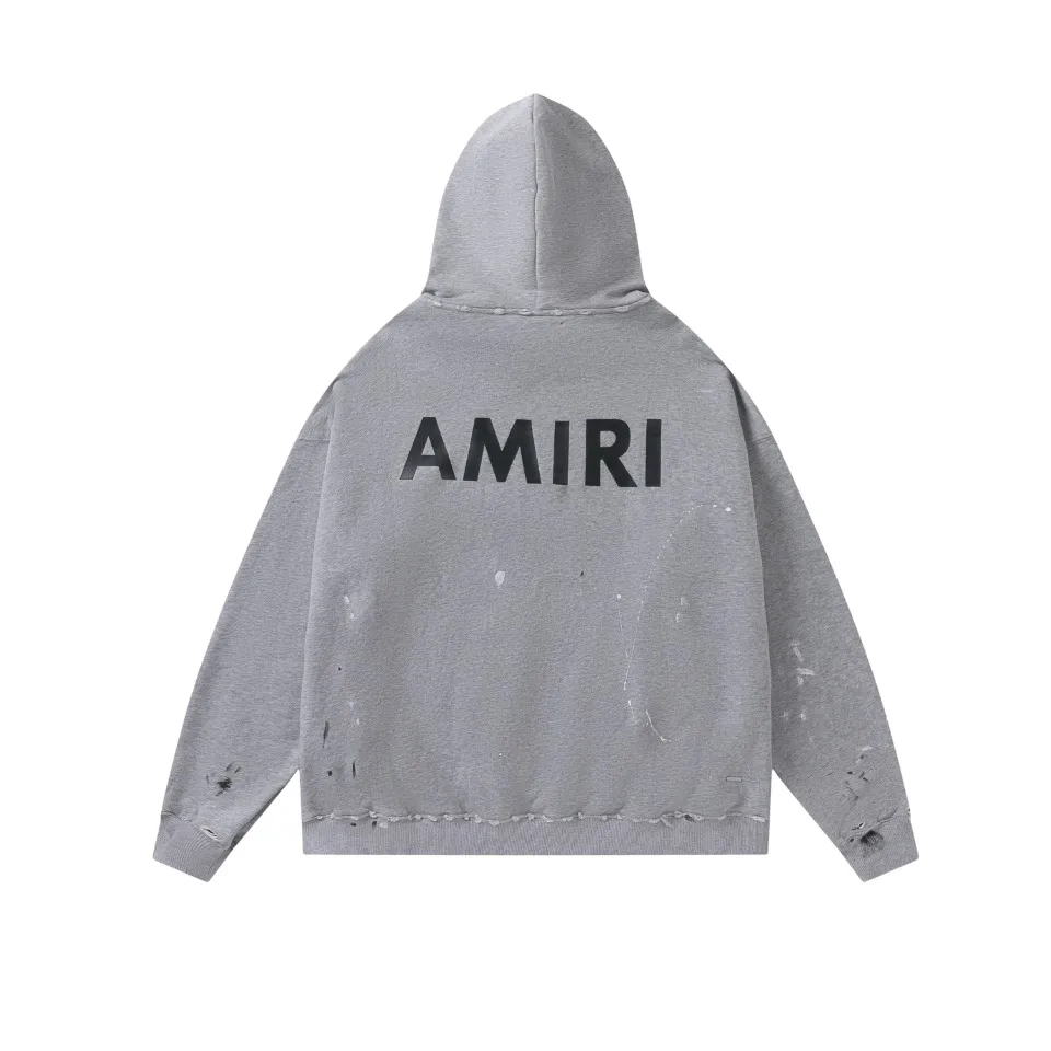 6128#P316 AMIRI 21AW Wang Yibo's same style splash-ink hole loose hoodie for men and women, casual pullover sweatshirt for couples. Color; floral gray. Size ;S M L XL