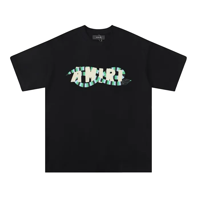 Style number: 689 P120 Fabric: 260g double yarn AMIRI 2025 spring and summer new logo round neck T-shirt high street men and women loose classic letter long snake short sleeves Color: white black Size: S M L XL