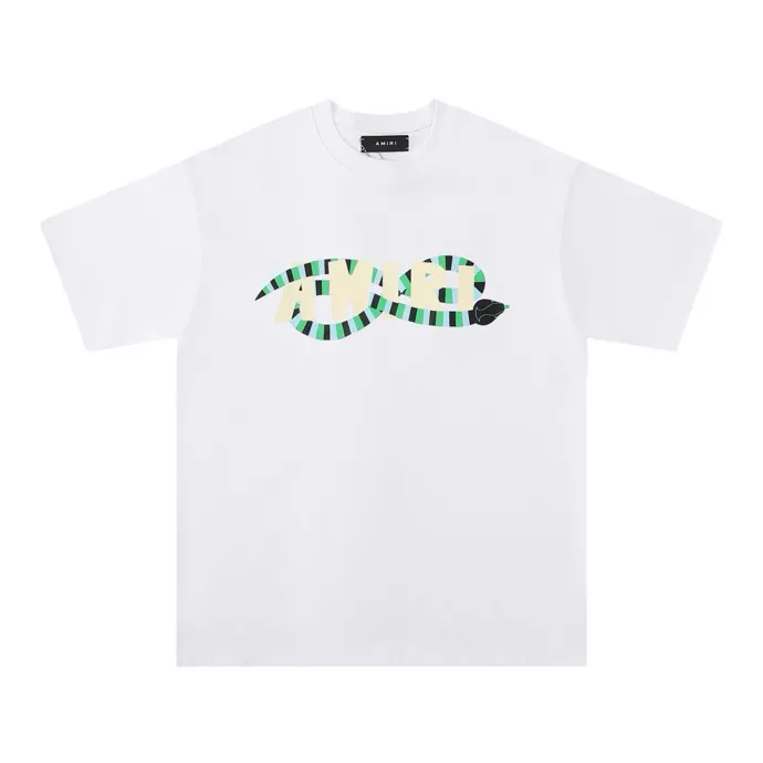 Style number: 689 P120 Fabric: 260g double yarn AMIRI 2025 spring and summer new logo round neck T-shirt high street men and women loose classic letter long snake short sleeves Color: white black Size: S M L XL