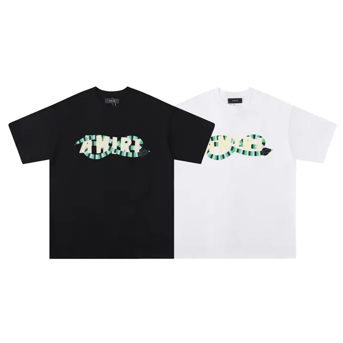Style number: 689 P120 Fabric: 260g double yarn AMIRI 2025 spring and summer new logo round neck T-shirt high street men and women loose classic letter long snake short sleeves Color: white black Size: S M L XL