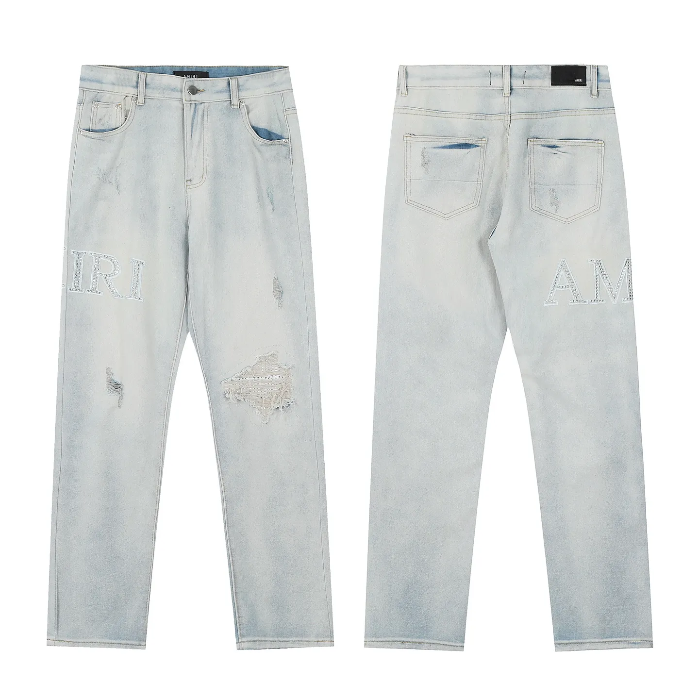 #M01 P168💰 AMIRI white ripped high street jeans with diamonds! The transliteration of amiri is Emil, which is the name of the founder. Mike Amiri, the founder of amiri, grew up in Los Angeles, USA. He was influenced by local street culture and Punk Rock since he was a child, so he founded the amiri brand named after himself. A variety of trendy clothing meets the needs of different fashion players. Amiri clothing has novel and unique styles and is a well-known street brand in the United States. The styles and styles of many clothes are loved by many street photographers. The various clothing styles meet the dressing needs of different people, show their unique temperament, and show the trend of dressing. amiri's jeans are relatively famous. Not only do they have many styles, but the quality of their denim jackets is also very good. Many celebrities have also worn the amiri brand's denim series. The fabric is made of 100% cotton denim! High temperature setting, heavy sand washing, never fade, full of fashion! All made to order! -The colorful embroidery on the chest is so tense and the embroidery is neat! Imported machine for work! quality assurance!  -The entire garment is made with fine workmanship. Each seam is pressed using a double-needle machine. This stitching is a test of the workers' skills. If it goes astray, the entire garment will be scrapped. The hardware is custom-made, with exclusive logos, and is a one-to-one replica of the original! Original trademark! The fit is loose and slimming! Color: Picture color Size: 30-32-34-36