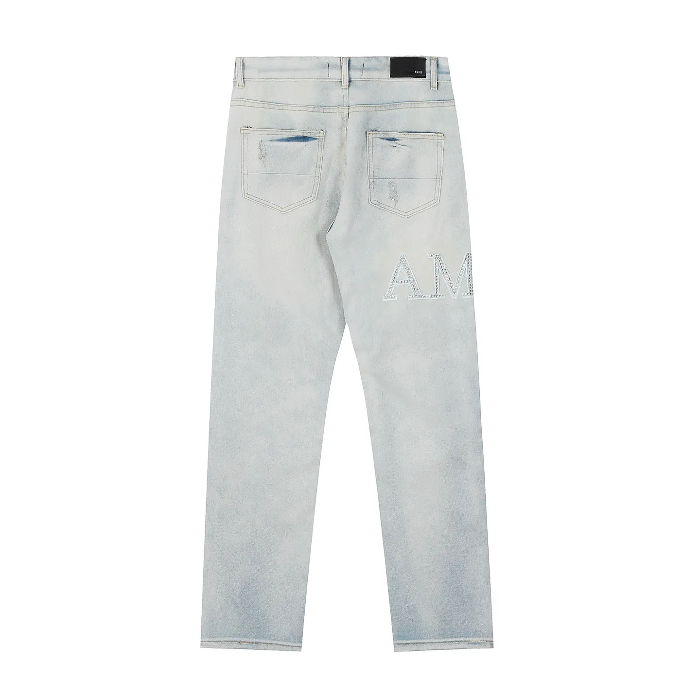#M01 P168💰 AMIRI white ripped high street jeans with diamonds! The transliteration of amiri is Emil, which is the name of the founder. Mike Amiri, the founder of amiri, grew up in Los Angeles, USA. He was influenced by local street culture and Punk Rock since he was a child, so he founded the amiri brand named after himself. A variety of trendy clothing meets the needs of different fashion players. Amiri clothing has novel and unique styles and is a well-known street brand in the United States. The styles and styles of many clothes are loved by many street photographers. The various clothing styles meet the dressing needs of different people, show their unique temperament, and show the trend of dressing. amiri's jeans are relatively famous. Not only do they have many styles, but the quality of their denim jackets is also very good. Many celebrities have also worn the amiri brand's denim series. The fabric is made of 100% cotton denim! High temperature setting, heavy sand washing, never fade, full of fashion! All made to order! -The colorful embroidery on the chest is so tense and the embroidery is neat! Imported machine for work! quality assurance!  -The entire garment is made with fine workmanship. Each seam is pressed using a double-needle machine. This stitching is a test of the workers' skills. If it goes astray, the entire garment will be scrapped. The hardware is custom-made, with exclusive logos, and is a one-to-one replica of the original! Original trademark! The fit is loose and slimming! Color: Picture color Size: 30-32-34-36
