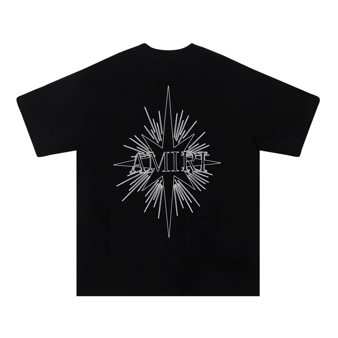 P114 Fabric: 260g double yarn AMIRI 2025 spring and summer new logo round neck T-shirt high street same style for men and women loose classic letter printed short sleeves Color: black. Apricot Size: S M L XL