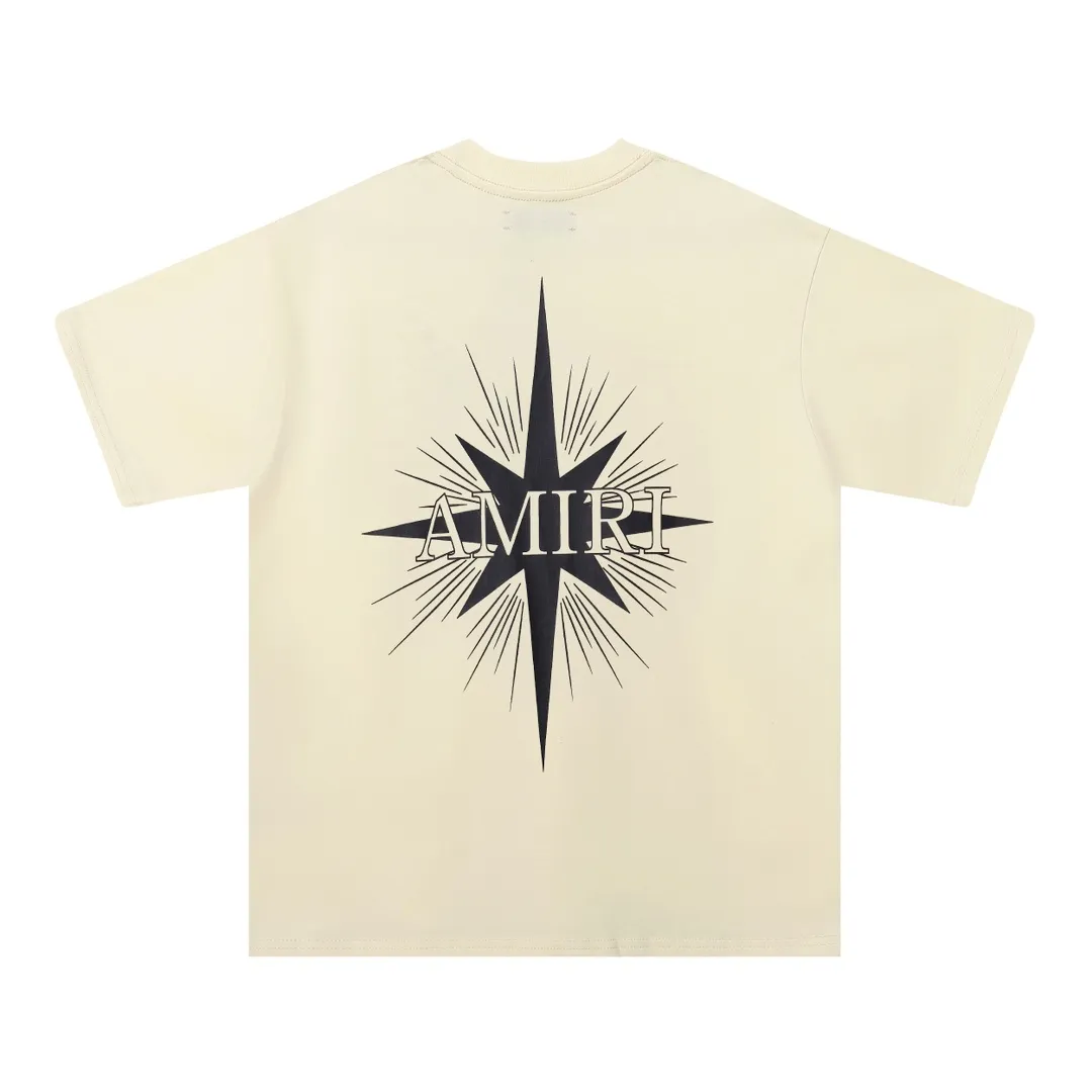 P114 Fabric: 260g double yarn AMIRI 2025 spring and summer new logo round neck T-shirt high street same style for men and women loose classic letter printed short sleeves Color: black. Apricot Size: S M L XL