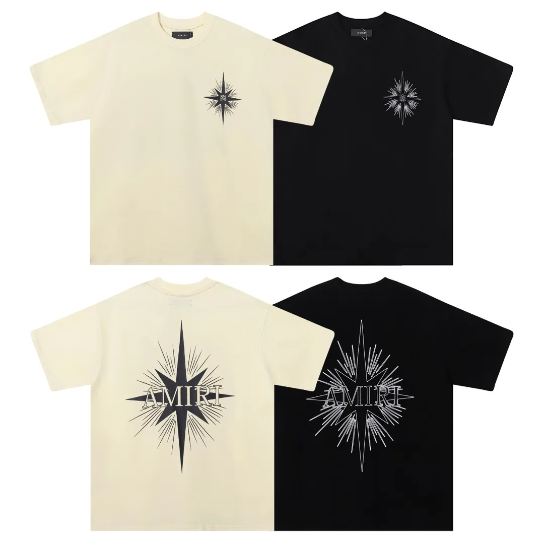 P114 Fabric: 260g double yarn AMIRI 2025 spring and summer new logo round neck T-shirt high street same style for men and women loose classic letter printed short sleeves Color: black. Apricot Size: S M L XL