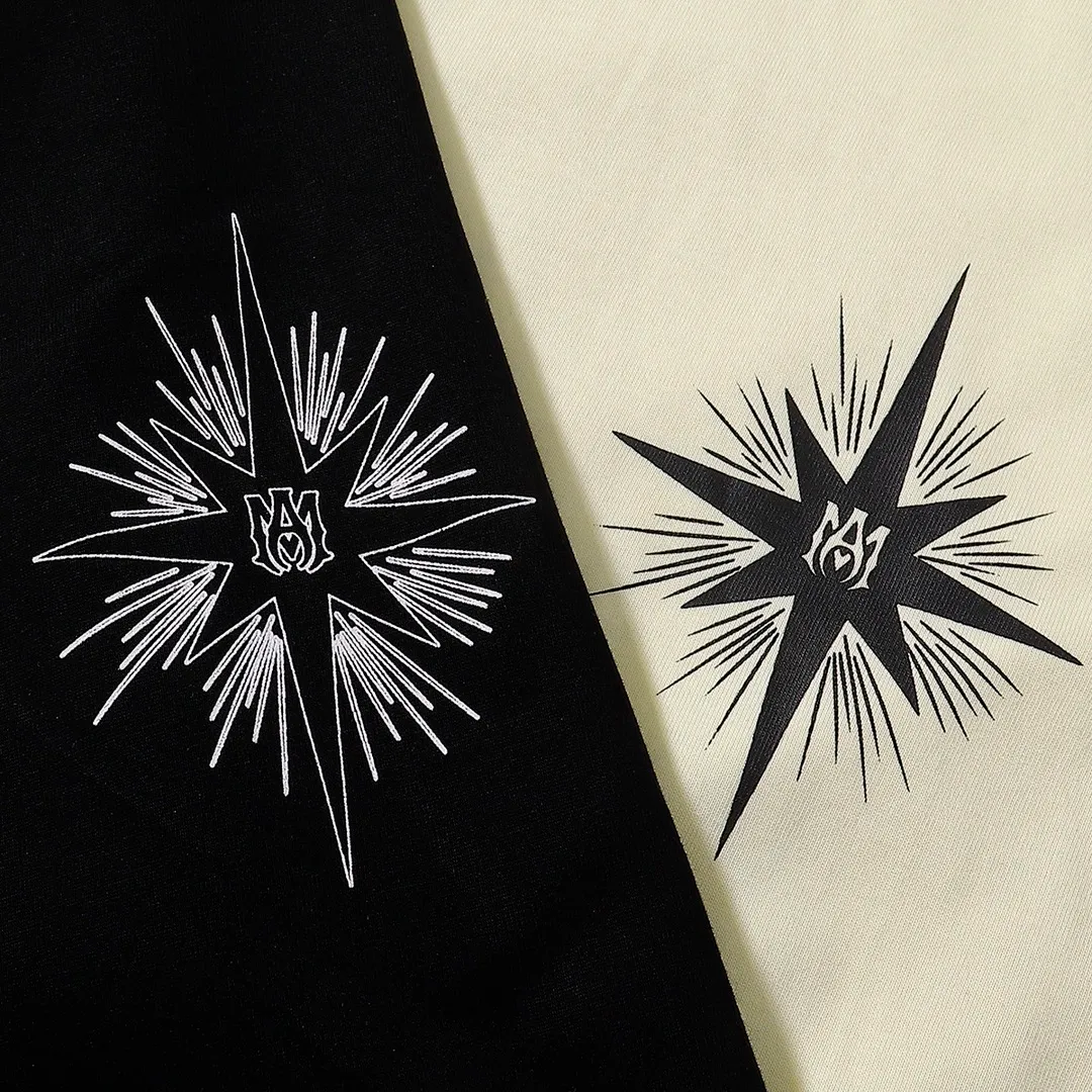 P114 Fabric: 260g double yarn AMIRI 2025 spring and summer new logo round neck T-shirt high street same style for men and women loose classic letter printed short sleeves Color: black. Apricot Size: S M L XL