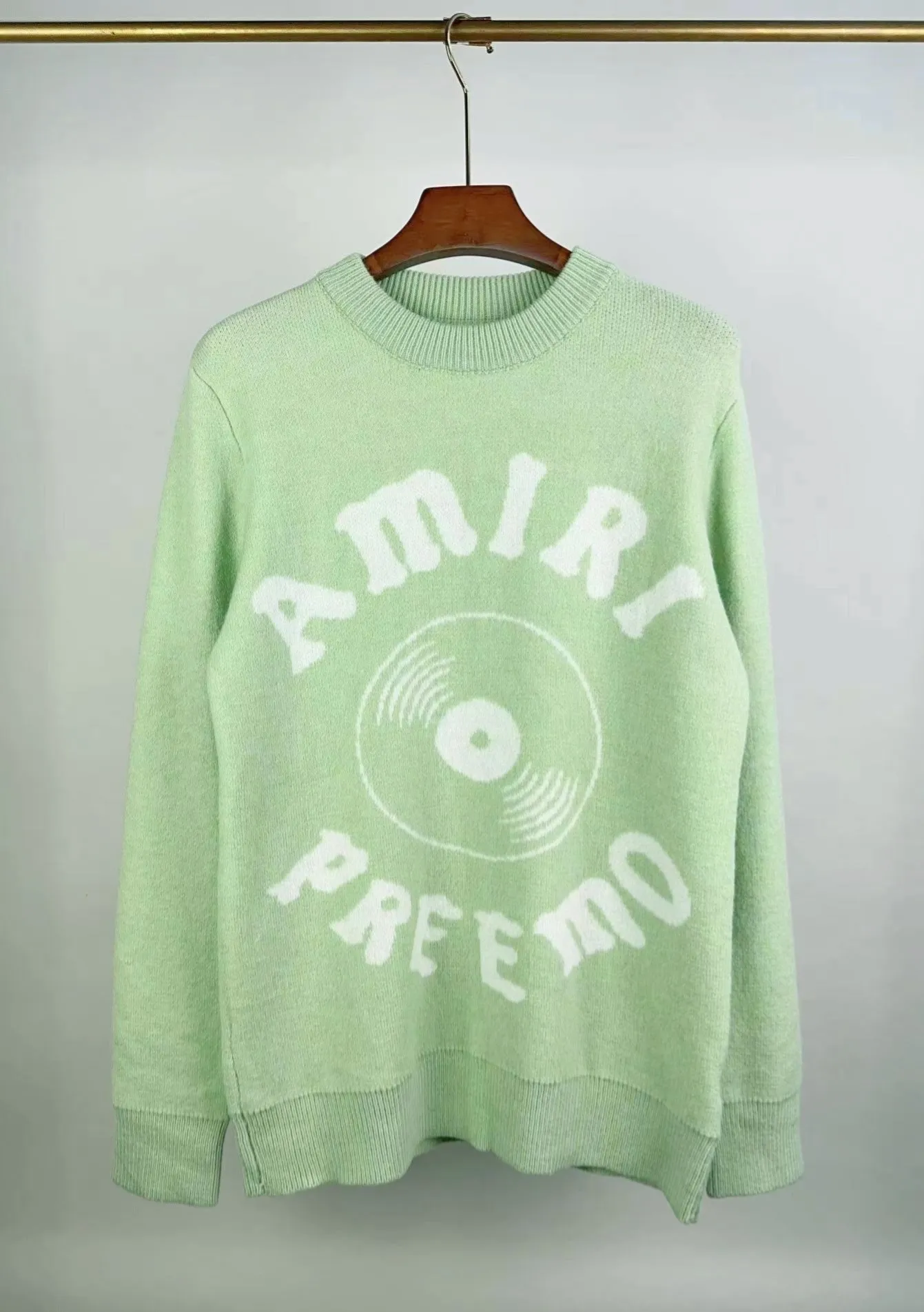 P240 🎉🎉AMIRI autumn and winter new style, partial jacquard letter logo on the front, European and American style sweater, color: fluorescent green, brown, black, size: S M L XL XXL