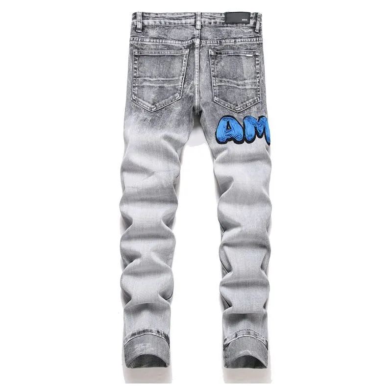 P186 💰 AMIRI patch embroidery jeans trousers AMIRI high street basic ripped tight elastic jeans trousers amiri brand jeans break the production process and cutting of the original jeans, the fabrics are softer and more comfortable Hand-sewn collar label Customized logo buttons Genuine leather tag Color: Picture color Size: 30-32-34-36