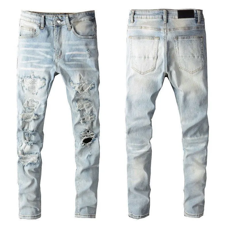 P168 💰 AMIRI patch embroidery jeans trousers AMIRI high street basic ripped tight elastic jeans trousers amiri brand jeans break the production process and cutting of the original jeans, the fabrics are softer and more comfortable Hand-sewn collar label Customized logo buttons Genuine leather tag Color: Picture color Size: 30-32-34-36