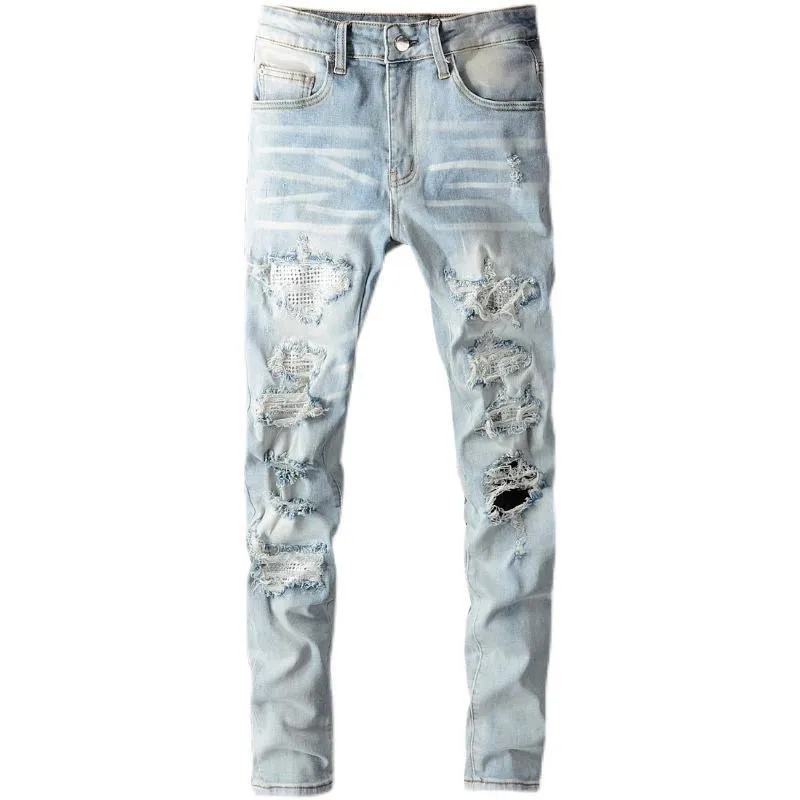 P168 💰 AMIRI patch embroidery jeans trousers AMIRI high street basic ripped tight elastic jeans trousers amiri brand jeans break the production process and cutting of the original jeans, the fabrics are softer and more comfortable Hand-sewn collar label Customized logo buttons Genuine leather tag Color: Picture color Size: 30-32-34-36