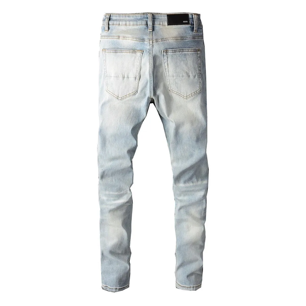 P168 💰 AMIRI patch embroidery jeans trousers AMIRI high street basic ripped tight elastic jeans trousers amiri brand jeans break the production process and cutting of the original jeans, the fabrics are softer and more comfortable Hand-sewn collar label Customized logo buttons Genuine leather tag Color: Picture color Size: 30-32-34-36