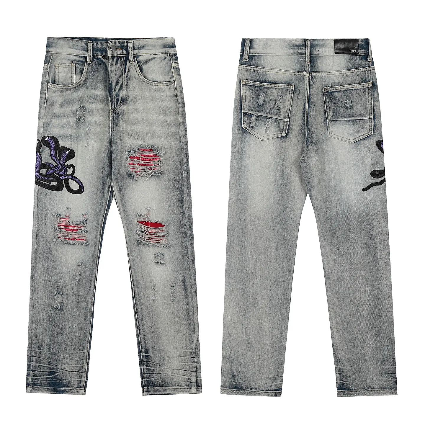 #M36 P168💰 Amiri classic embroidered ripped patch washed cobra slim fit jeans Produced by a major washed factory Full of high-end sense Partial destruction of the knees with leather patchwork design Already used as a facade design Leather waist nameplate The focus of this style is not on the washing, but on the shape and version of the destruction The secret lies in the craftsmanship of the master. The cost of post-processing, grinding, cutting, etc. is far beyond the cost of assembly line products. Color: Picture color Size: 30-32-34-36