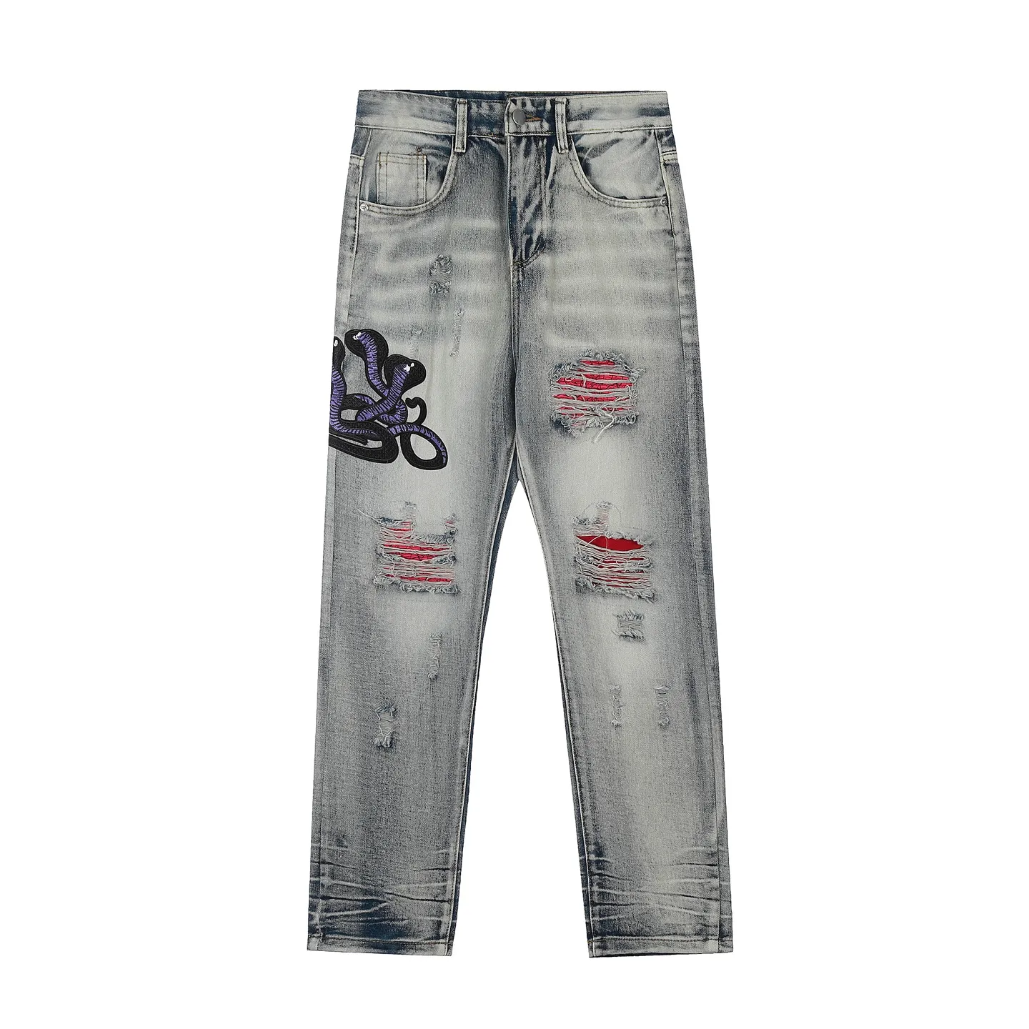 #M36 P168💰 Amiri classic embroidered ripped patch washed cobra slim fit jeans Produced by a major washed factory Full of high-end sense Partial destruction of the knees with leather patchwork design Already used as a facade design Leather waist nameplate The focus of this style is not on the washing, but on the shape and version of the destruction The secret lies in the craftsmanship of the master. The cost of post-processing, grinding, cutting, etc. is far beyond the cost of assembly line products. Color: Picture color Size: 30-32-34-36