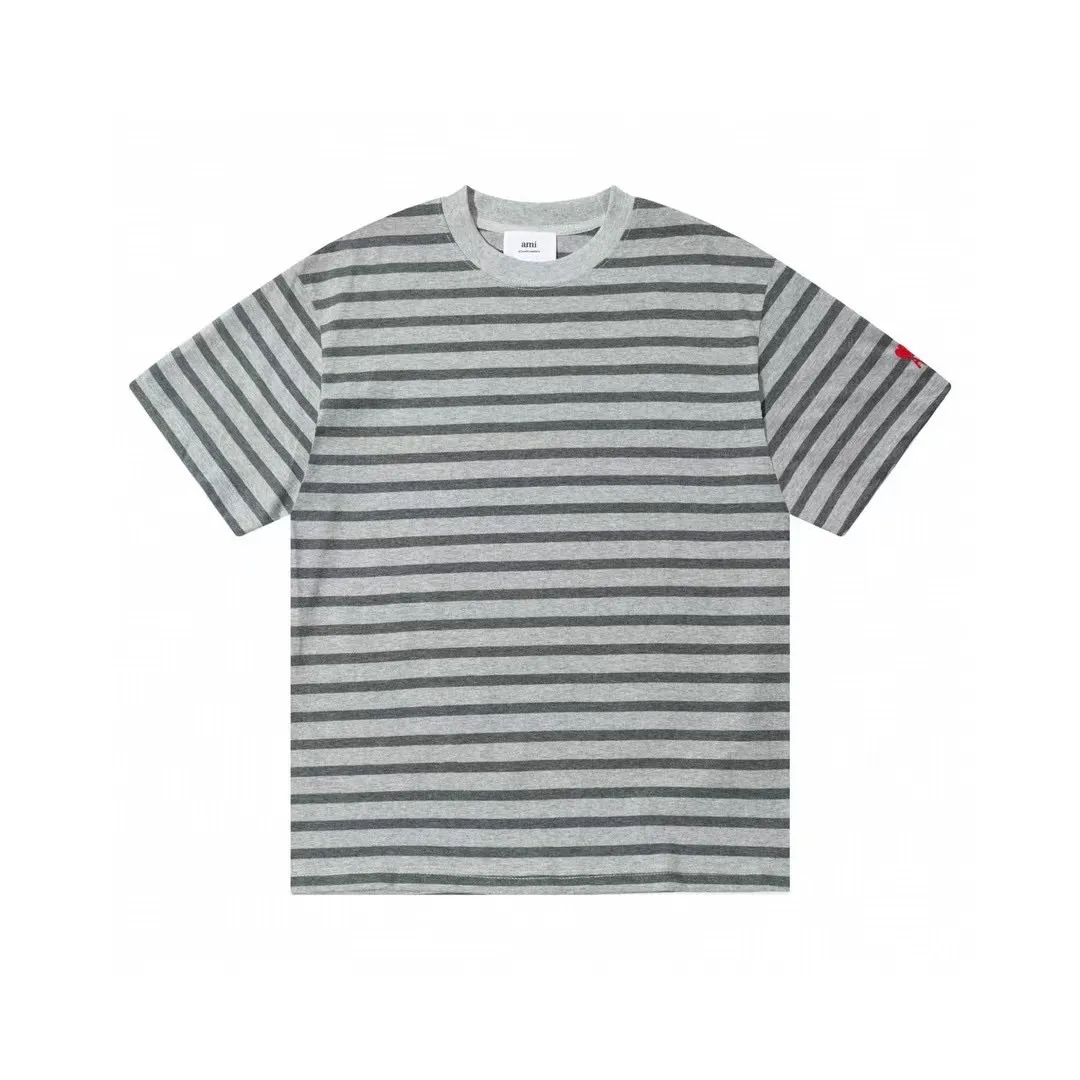 1226# AMI PARIS 25SS new classic cuff small love logo embroidered cotton large striped round neck short-sleeved T-shirt YP customized 240g pure cotton fabric same style for men and women Color: black gray green gray green black Size S-XL