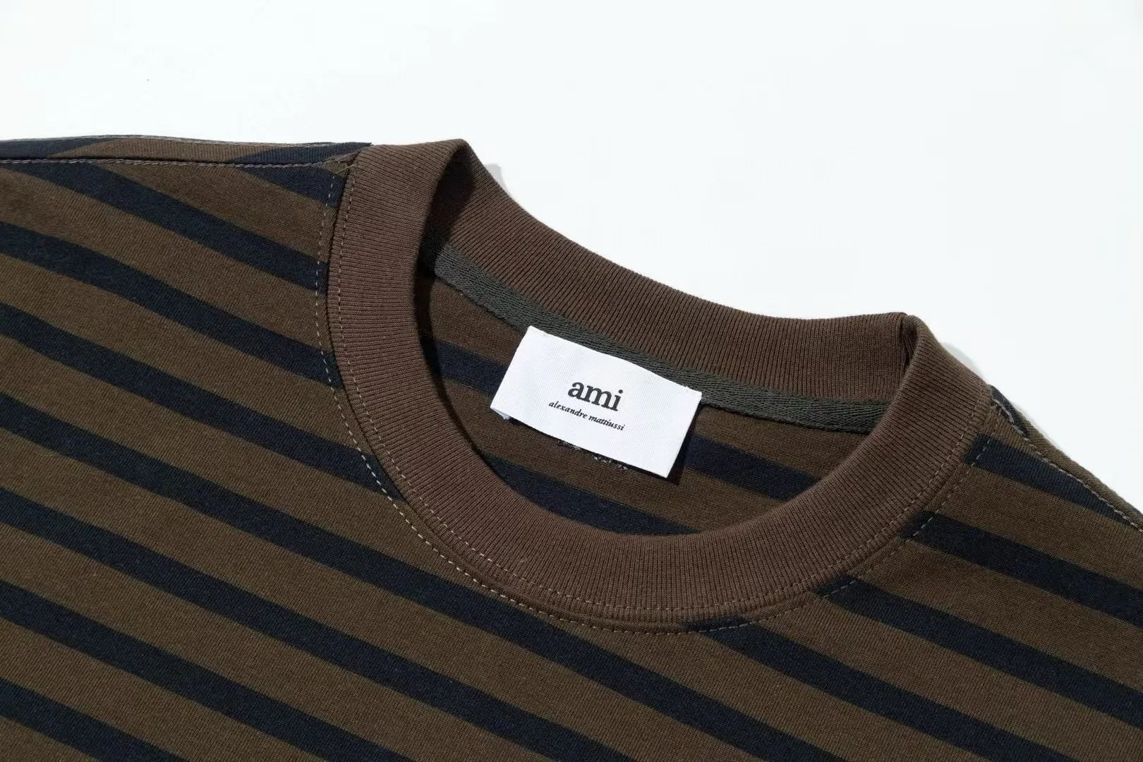 1226# AMI PARIS 25SS new classic cuff small love logo embroidered cotton large striped round neck short-sleeved T-shirt YP customized 240g pure cotton fabric same style for men and women Color: black gray green gray green black Size S-XL