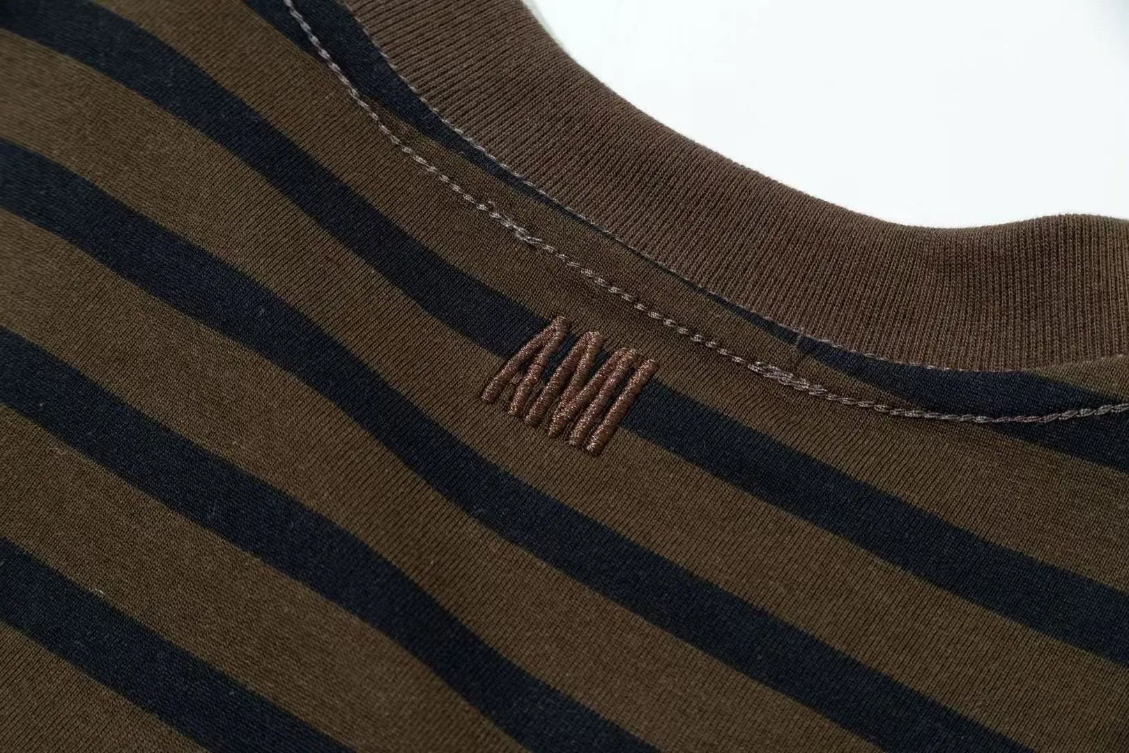 1226# AMI PARIS 25SS new classic cuff small love logo embroidered cotton large striped round neck short-sleeved T-shirt YP customized 240g pure cotton fabric same style for men and women Color: black gray green gray green black Size S-XL
