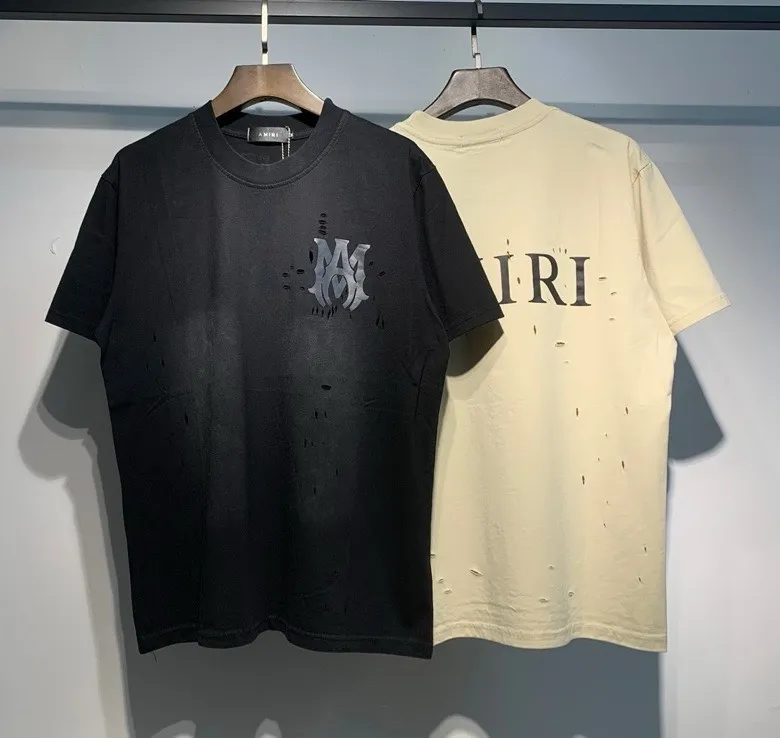 9650 model P140 real shot hanging new product 2025 AMIRI washed and tied with old holes short-sleeved T-shirt apricot black S. M. L. XL