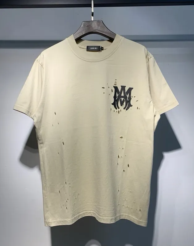 9650 model P140 real shot hanging new product 2025 AMIRI washed and tied with old holes short-sleeved T-shirt apricot black S. M. L. XL
